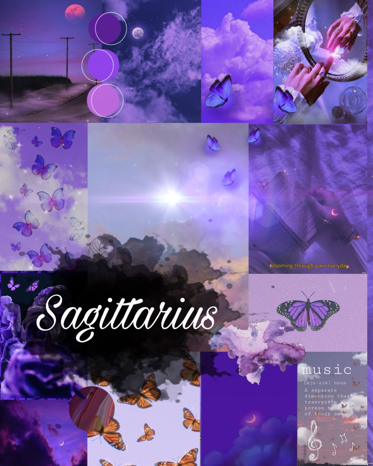 A purple aesthetic background with the word Sagittarius in the center. - Sagittarius