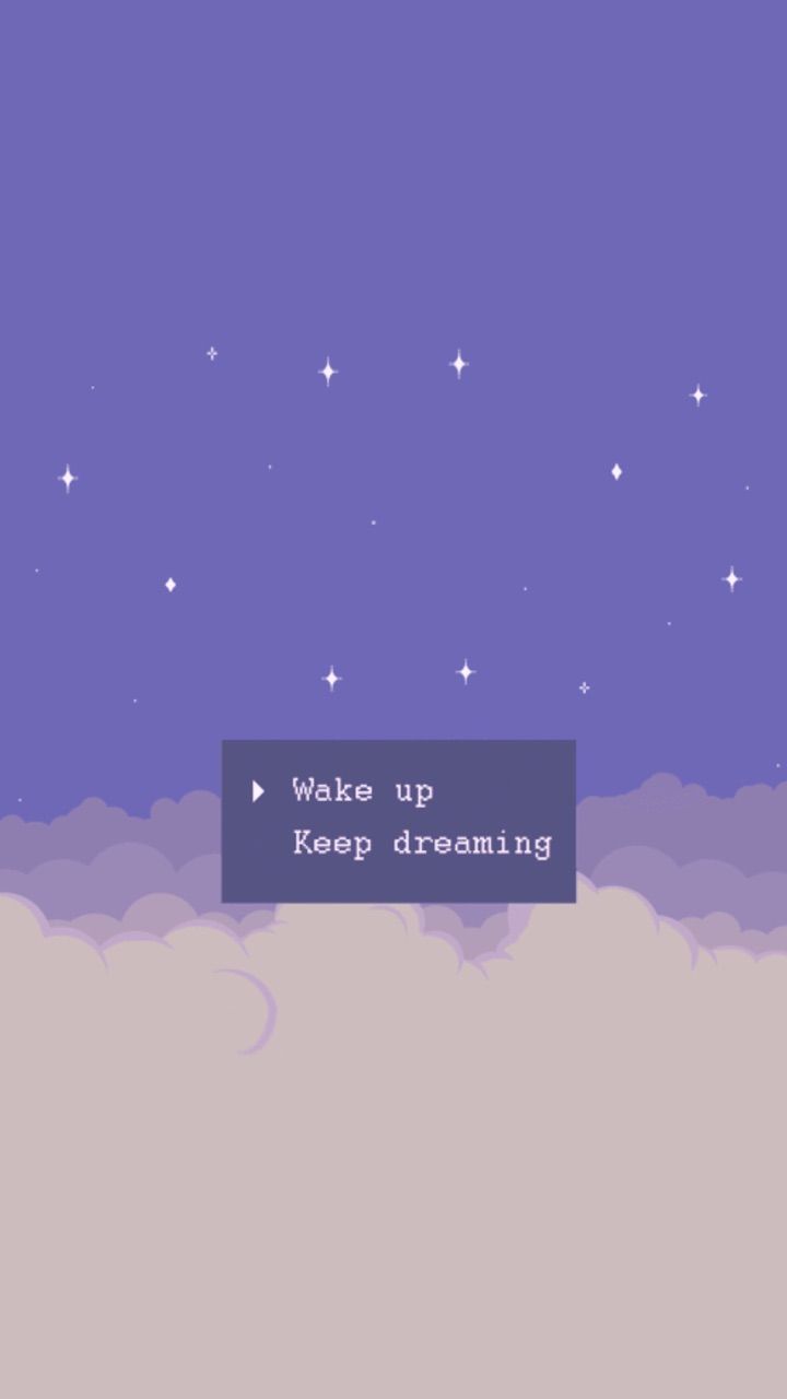 A purple sky with white clouds and stars with a purple box in the middle with white letters that say 