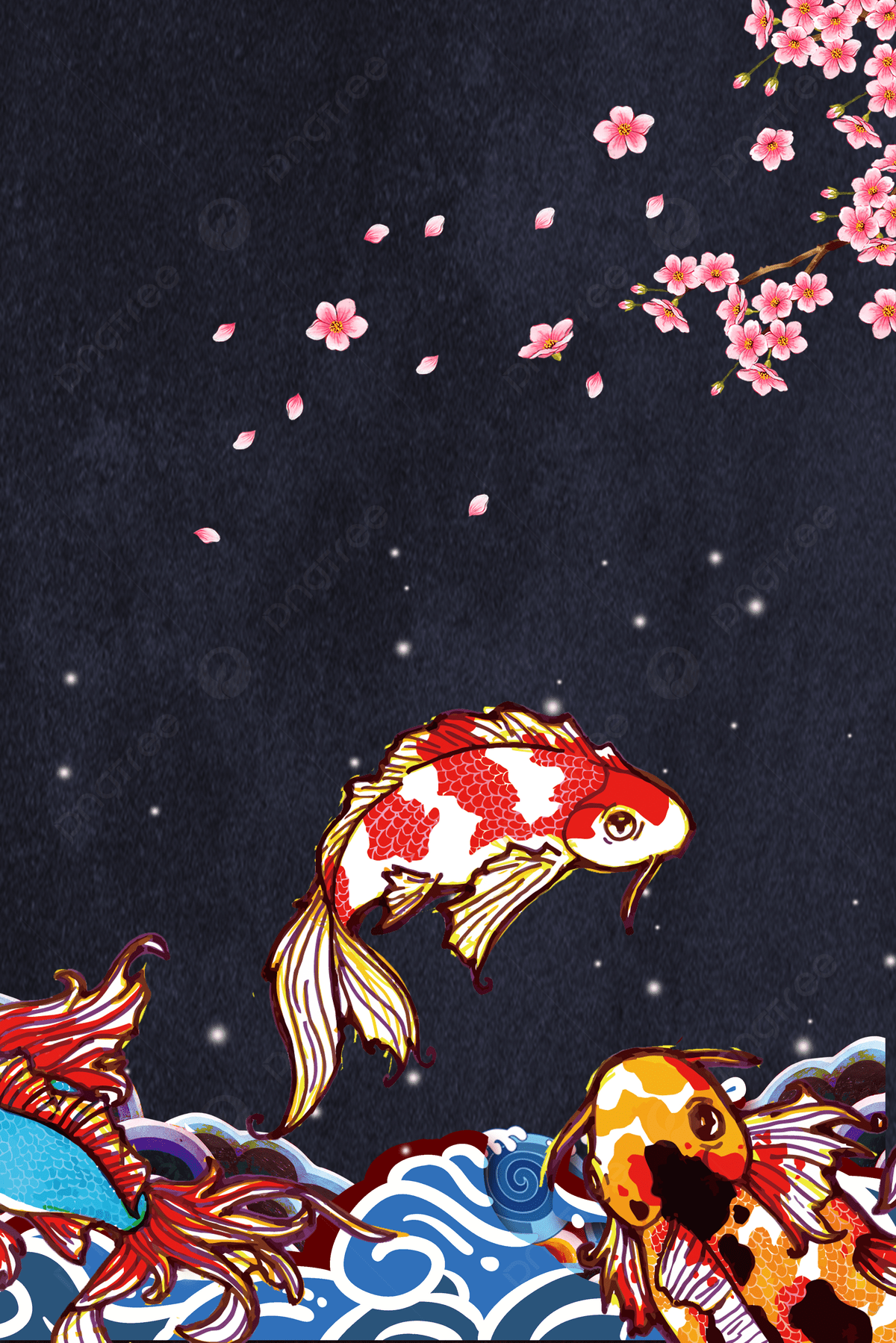 Koi Carp Cherry Blossoms Wave Background, Simple, Chinese Shading, Creative Background Image for Free Download