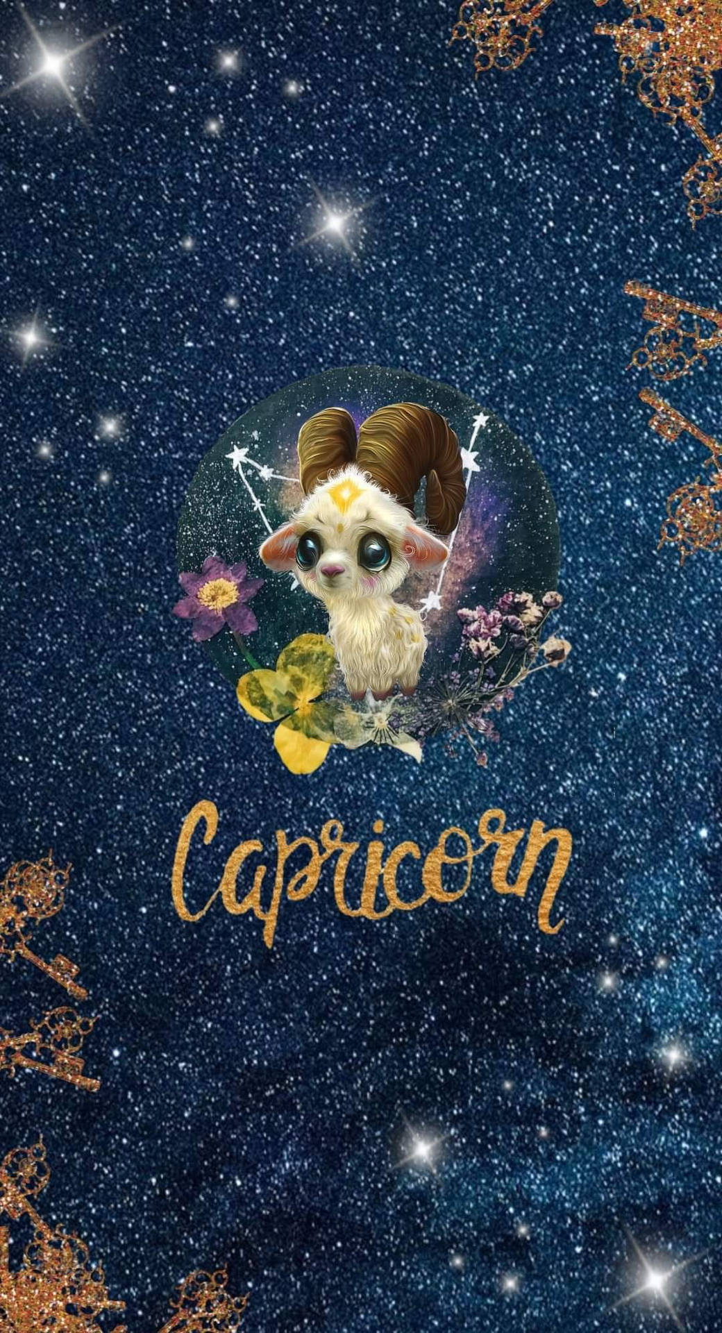 IPhone wallpaper with Capricorn zodiac sign, cute baby goat, and gold stars on a blue background. - Capricorn