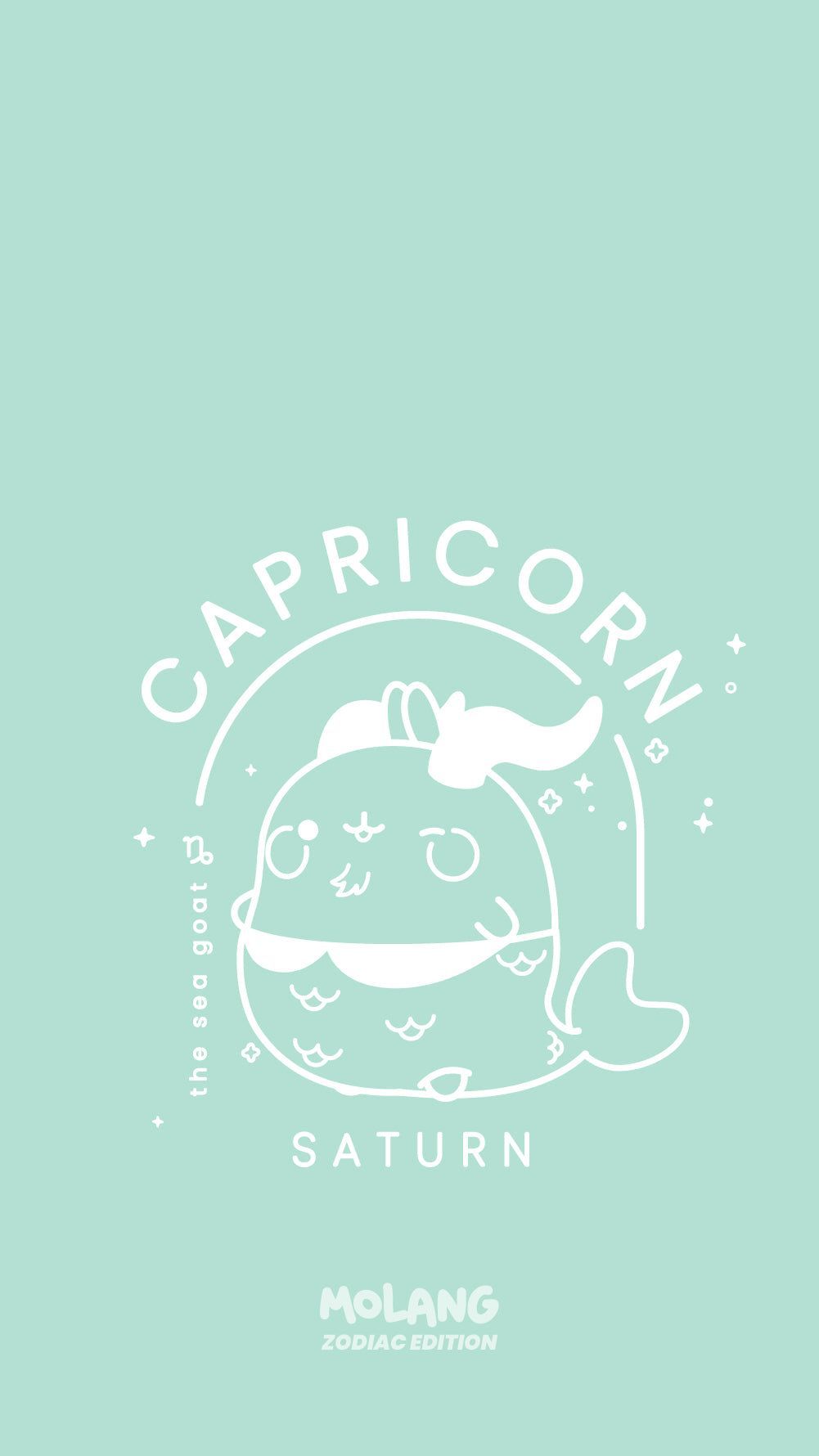 A phone wallpaper of Capricorn Saturn, the sea goat, with a cute and playful illustration. - Molang, Capricorn