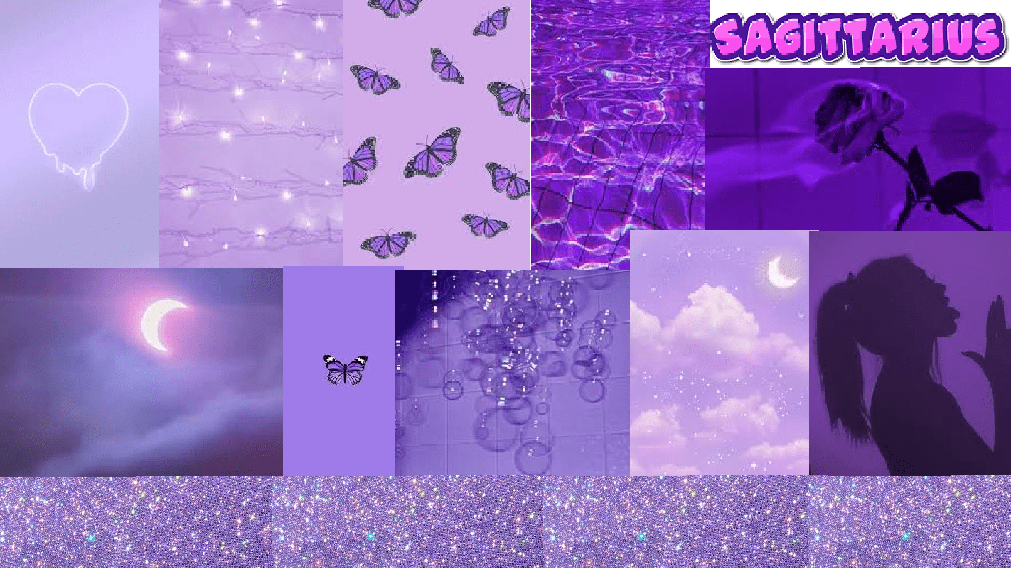 A purple aesthetic collage with butterfly, moon, and heart graphics. - Sagittarius