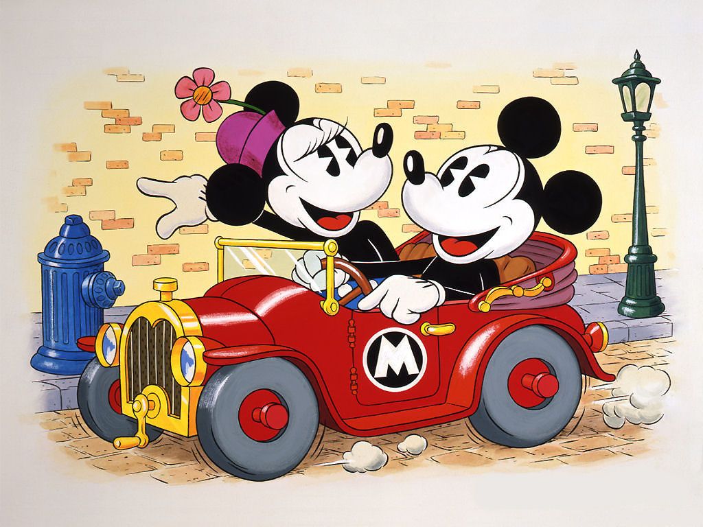 A cartoon of mickey mouse and minnie driving in their car - Minnie Mouse