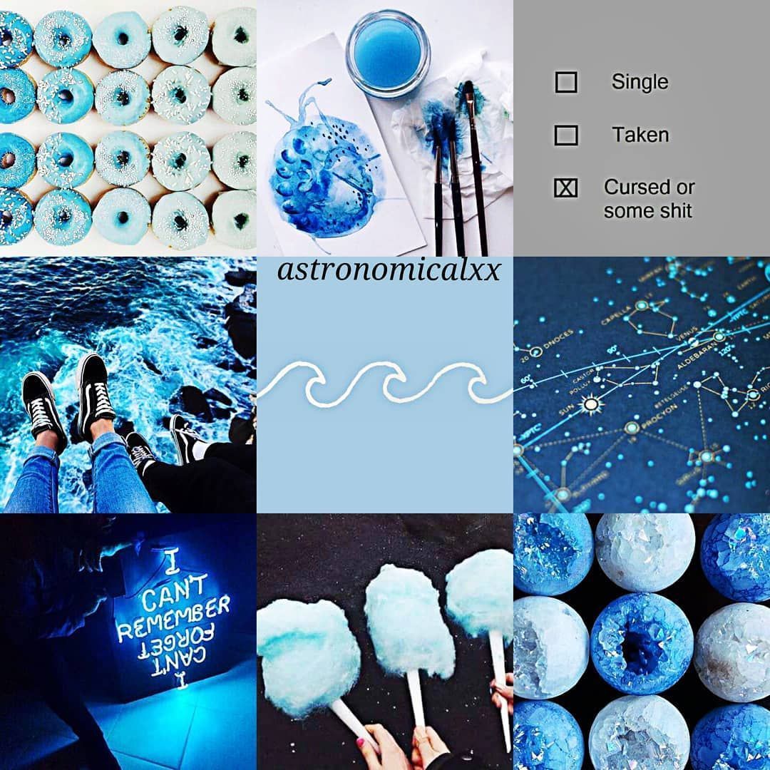 A collage of blue aesthetic pictures including donuts, water, and stars. - Aquarius