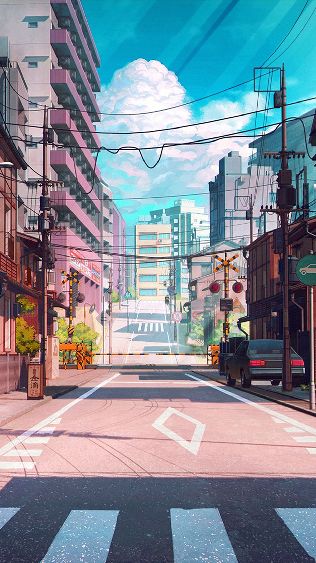 Anime city street, pink buildings, traffic lights, cars, phone wallpaper - Road, Japan