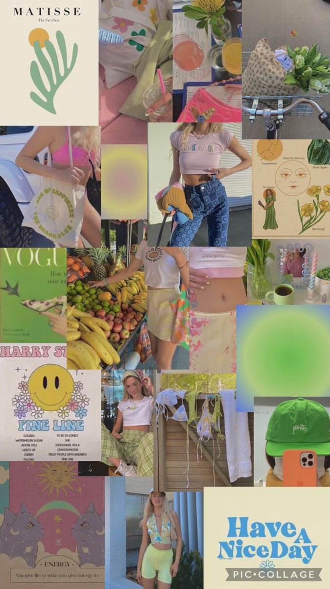 A collage of images including fruits, a woman wearing a white crop top, a man wearing a white t-shirt with the word 'Vogue' on it, and a woman wearing a white t-shirt with the word 'PicCollage' on it. - Coconut