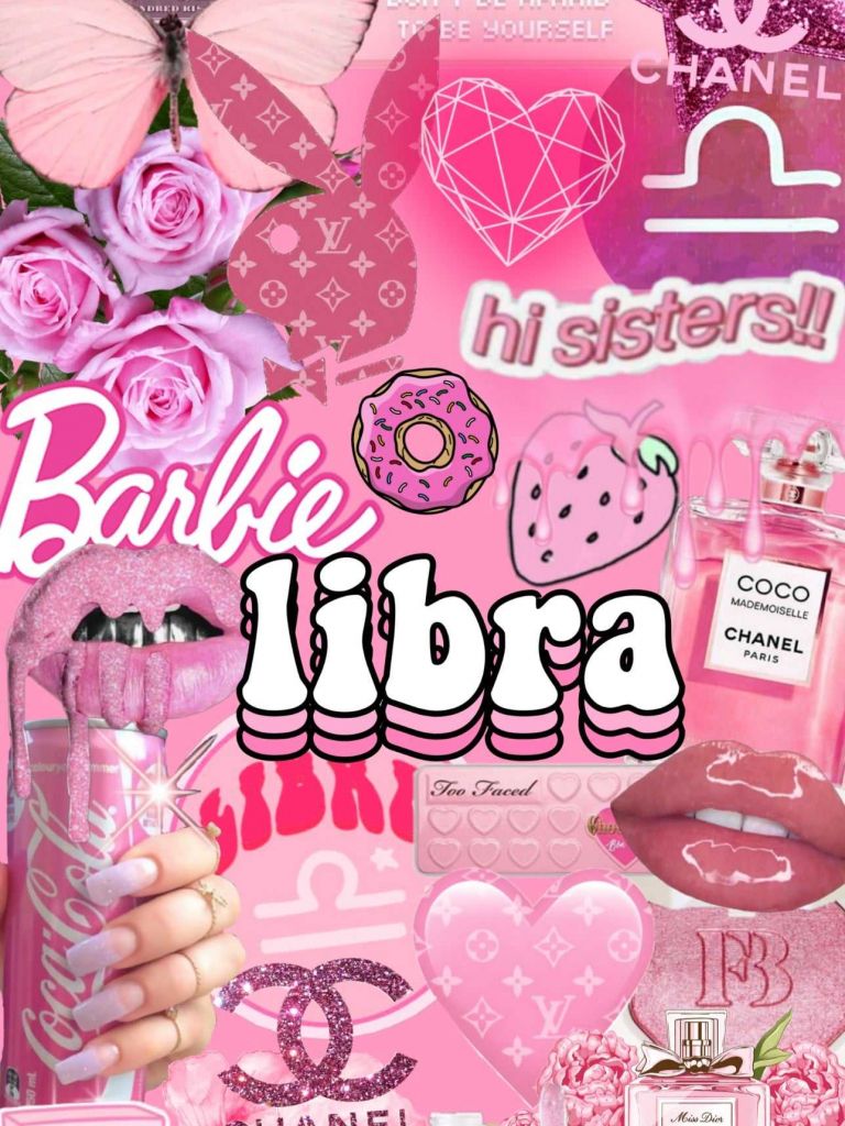 A collage of pink items with the words barbie lila - Libra