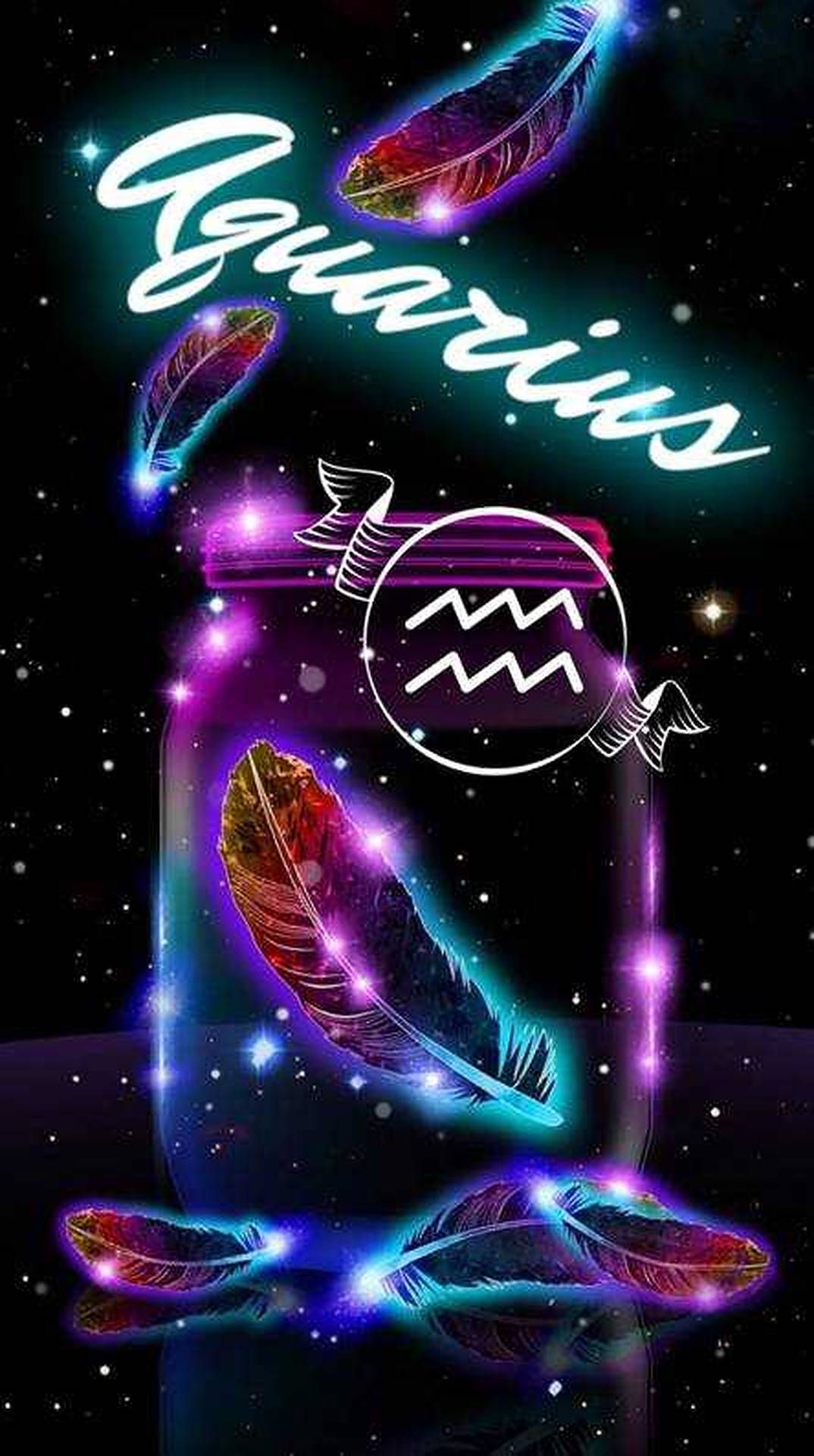 Download Aquarius Zodiac Neon Feathers Wallpaper