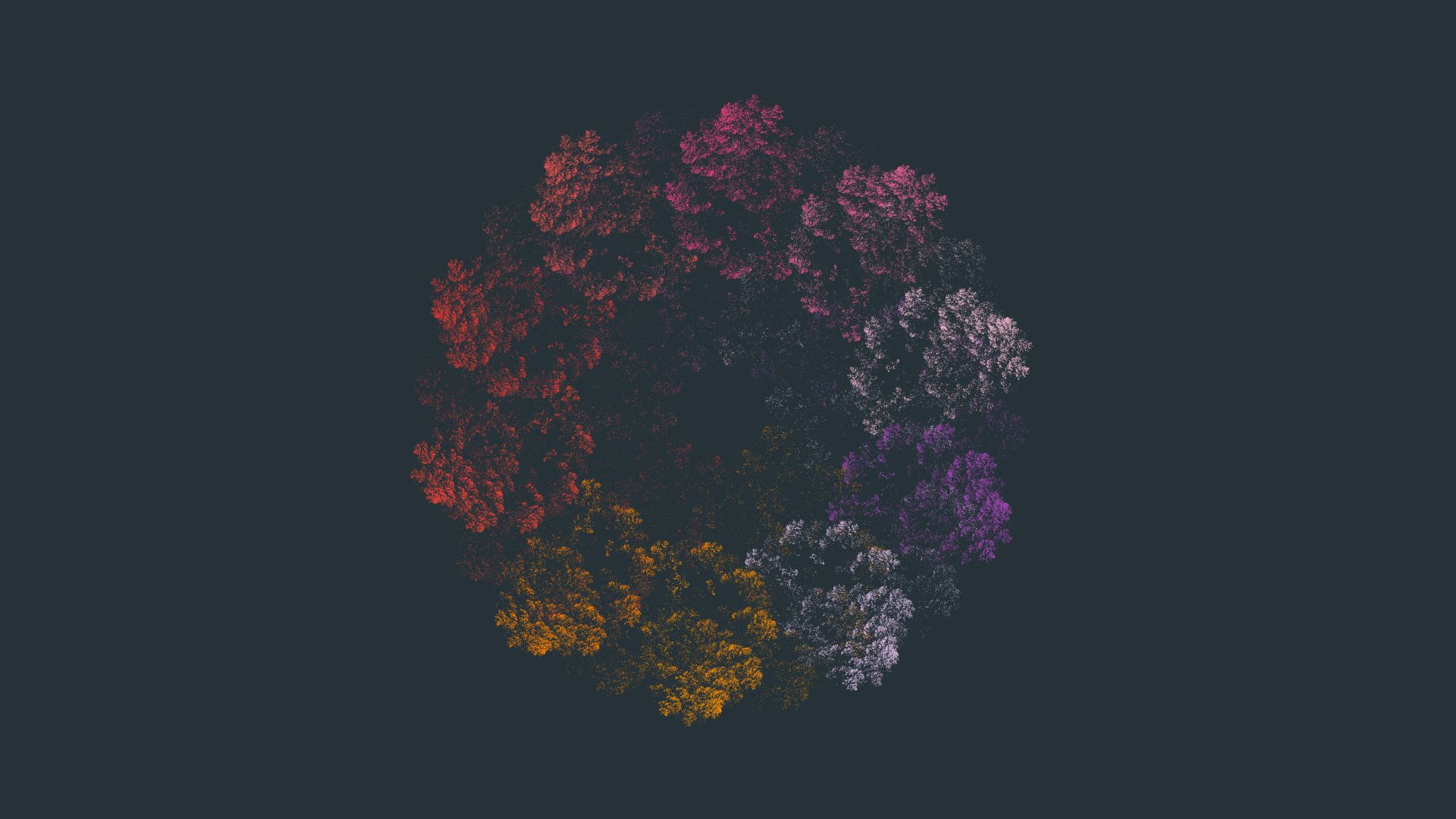 A colorful, abstract image of a ball of trees on a black background - Math