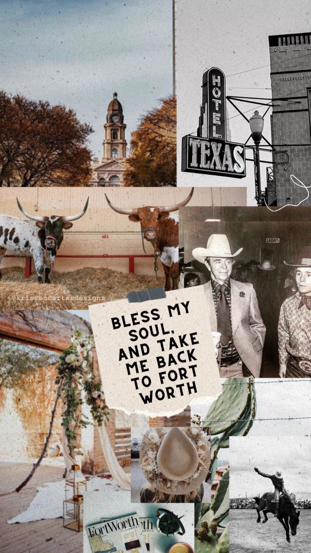 A collage of images of Fort Worth, Texas including a cow, a cowboy, a hotel sign, and a rodeo. - Texas