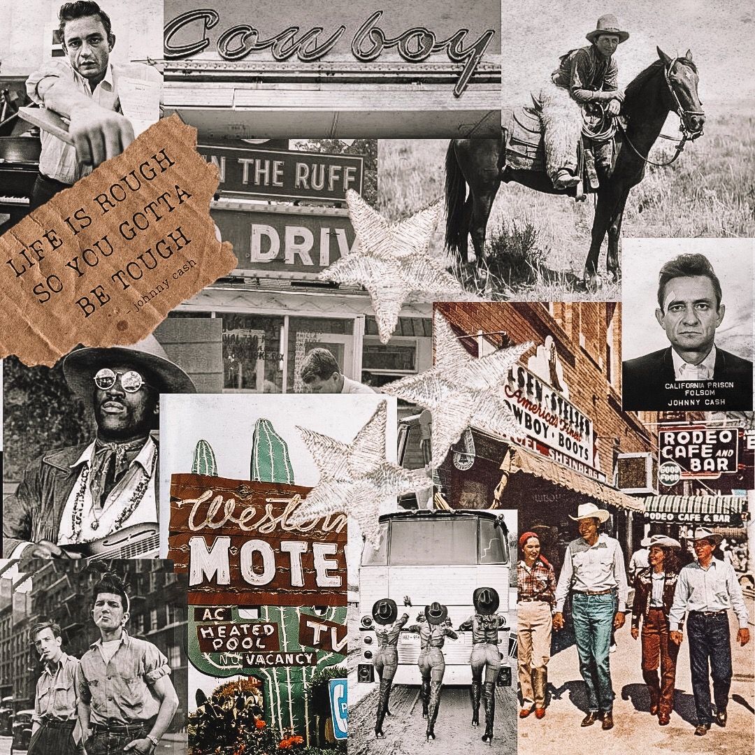 A collage of images including a cowboy sign, a man on a horse, and a motel sign. - Texas, western