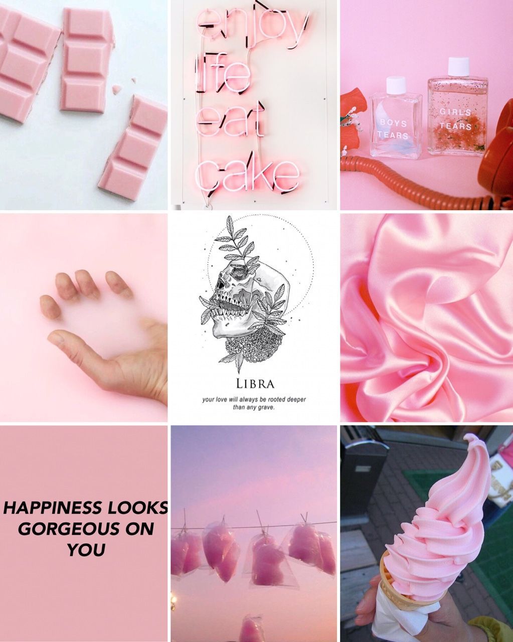 A collage of images in a pink aesthetic including ice cream, a hand, and neon signs. - Libra