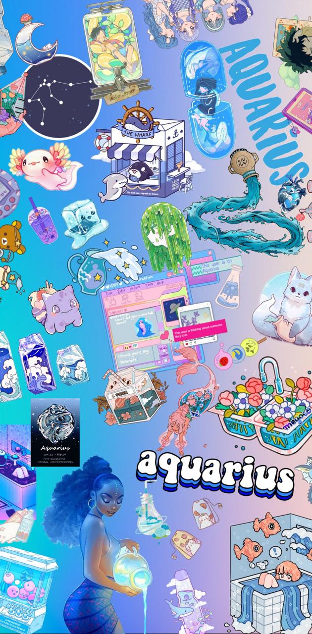 A collage of stickers with different images - Aquarius