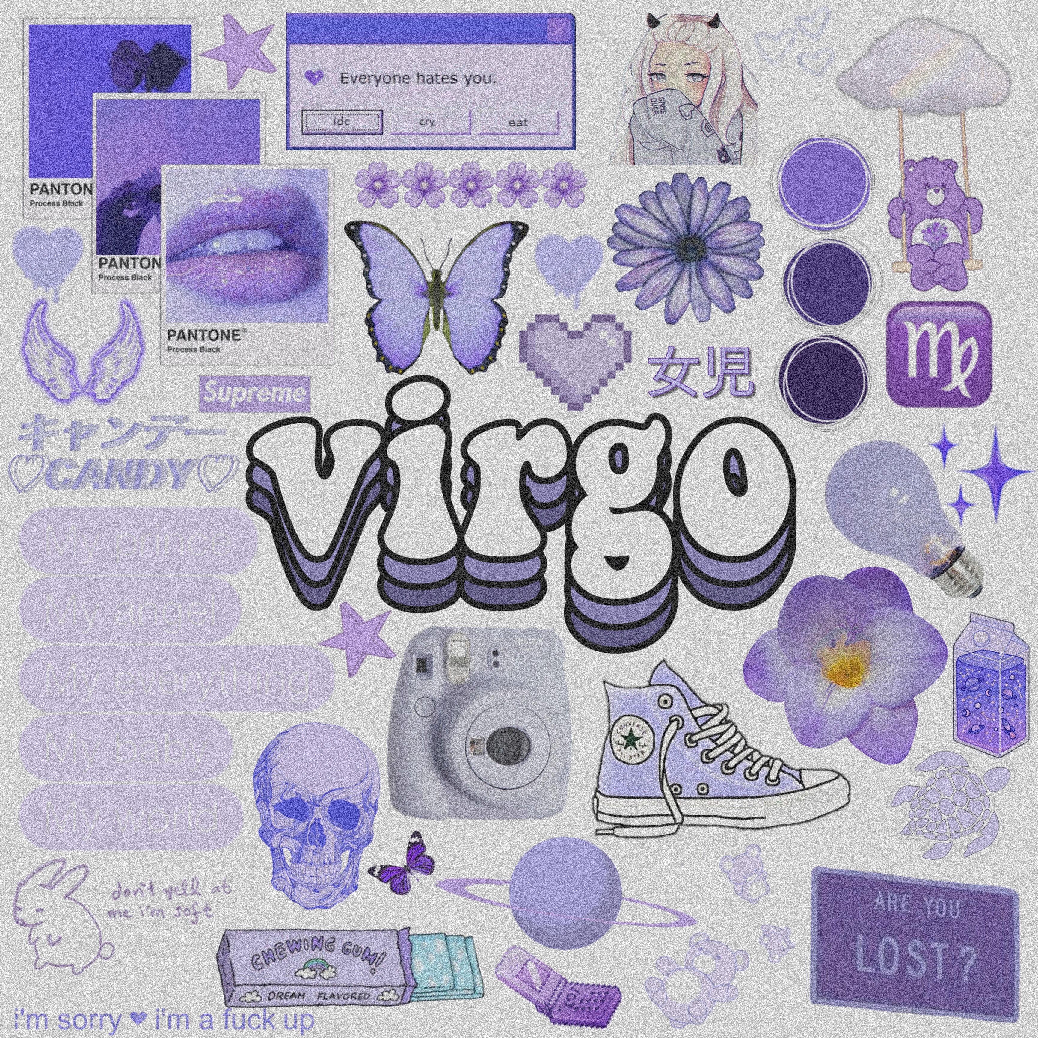 Aesthetic background image with the word Virgo in the center surrounded by purple and white images. - Virgo