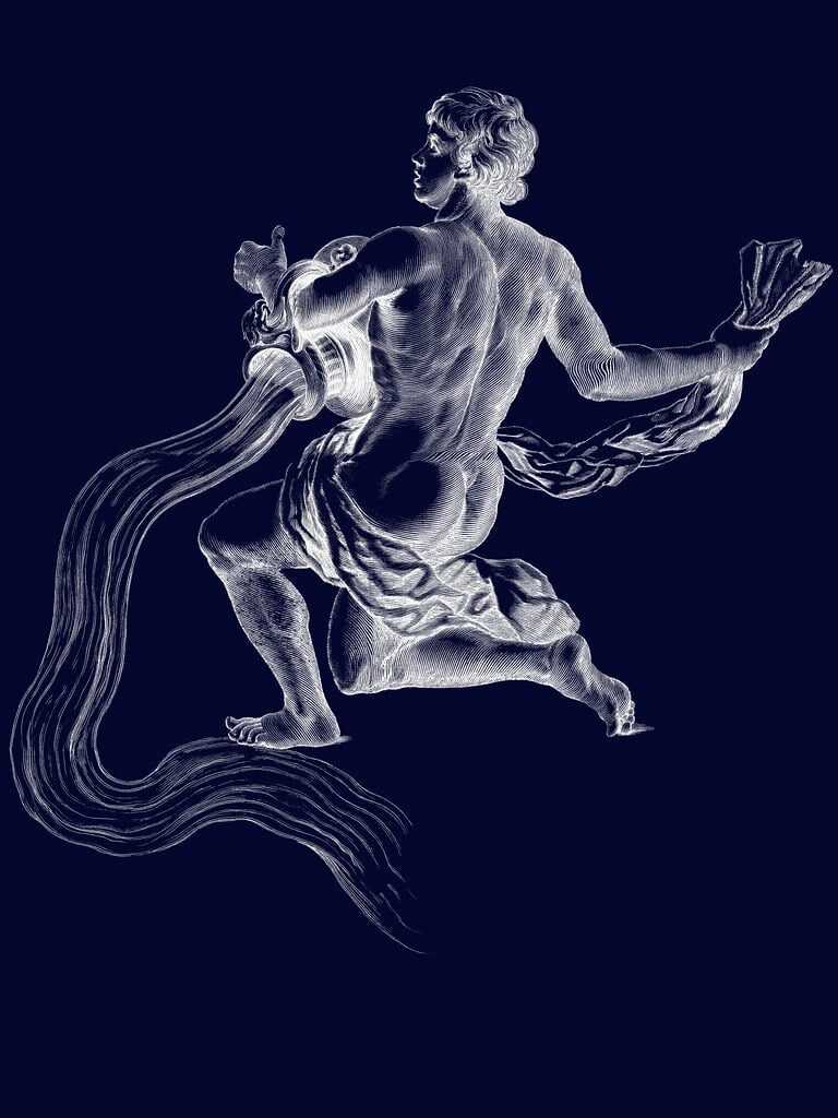 An illustration of a man with a tail, running with his arms outstretched. - Aquarius