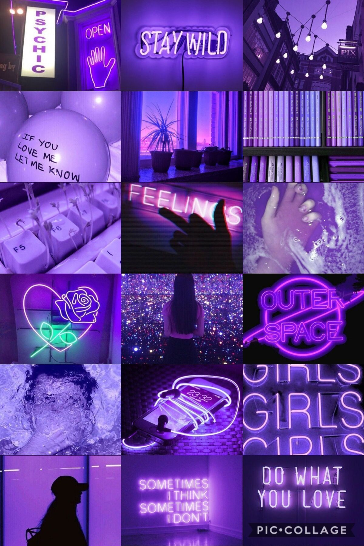 A collage of purple neon lights with different words - Sagittarius, Aquarius, Virgo, Libra, Gemini, Capricorn