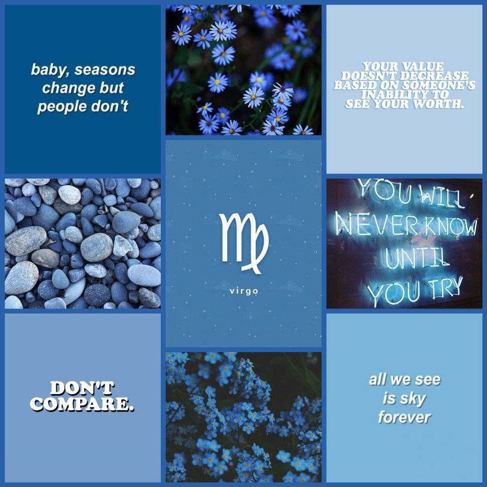 A collage of blue and white images with the zodiac sign - Virgo