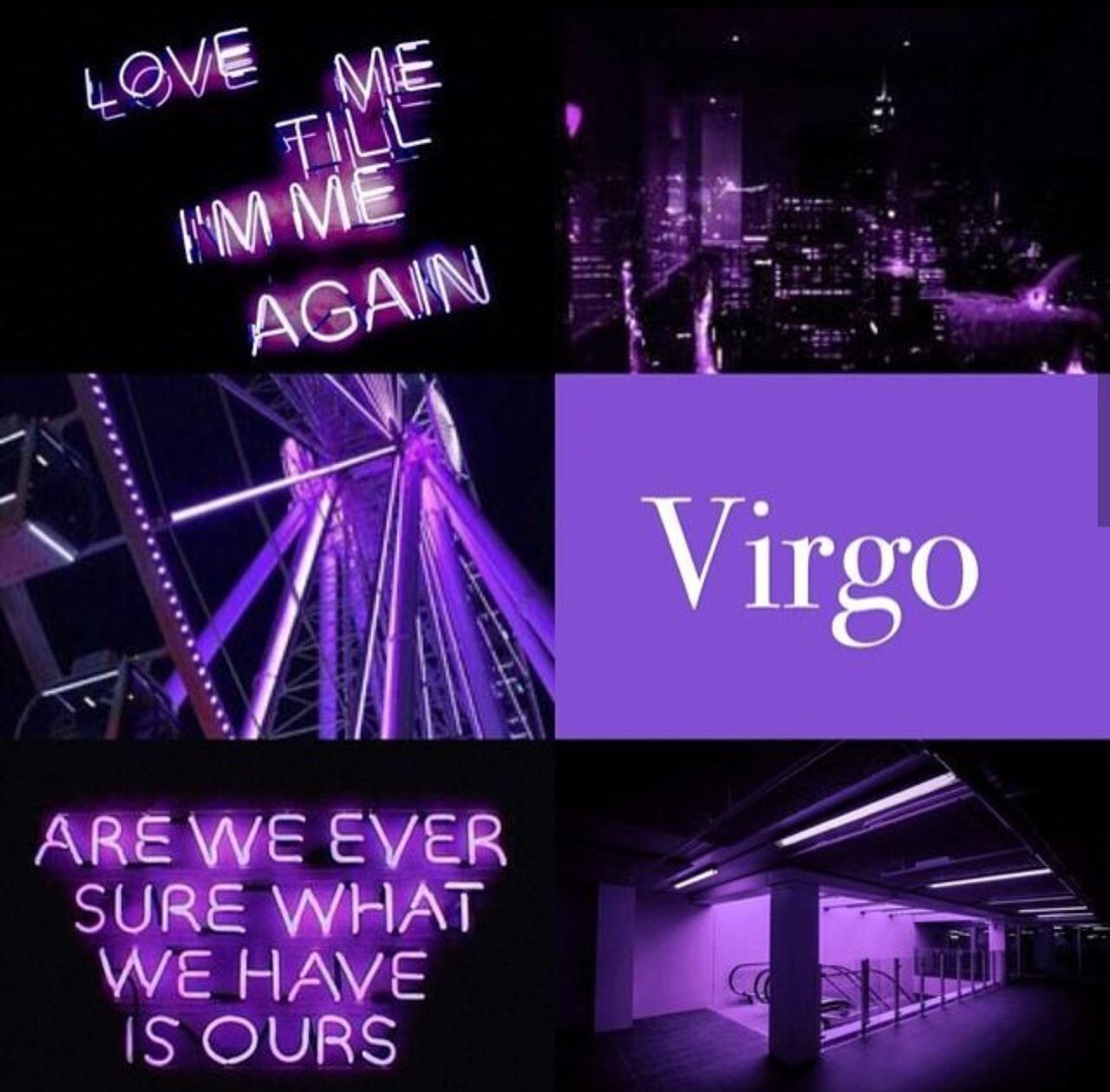 A collage of purple neon lights and text that says virgo - Virgo