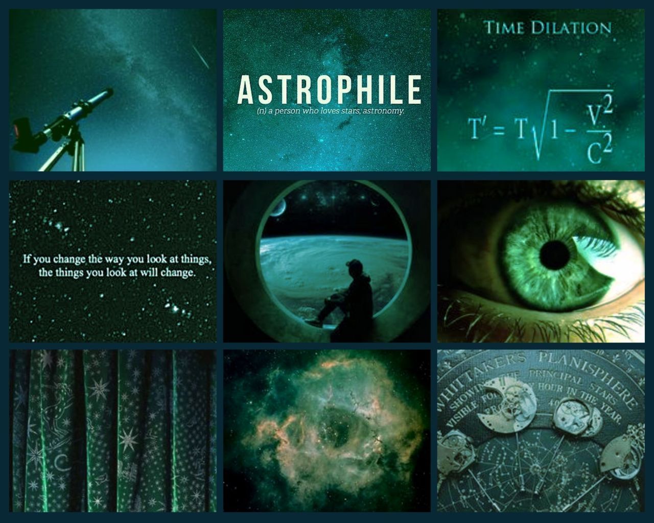 A collage of nine different pictures, all with a greenish tint. The center picture is of a person looking out at the stars. - Sagittarius, Taurus