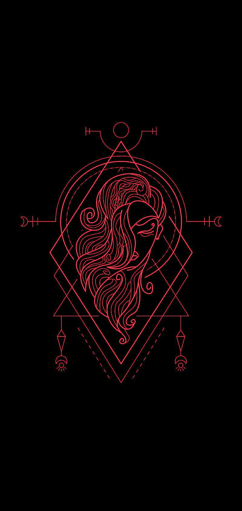 A woman with long hair and red lines in the shape of an eye - Virgo