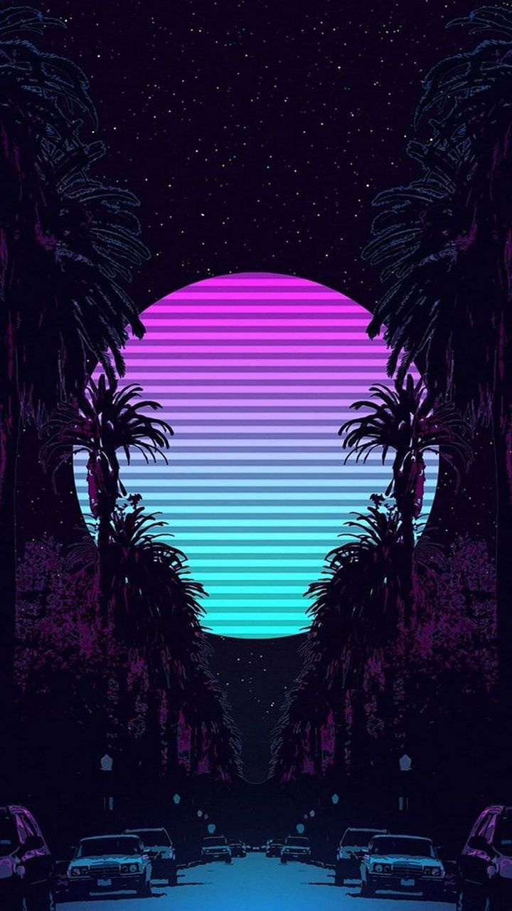 Aesthetic wallpaper phone background sunset palm trees neon night drive. - Miami