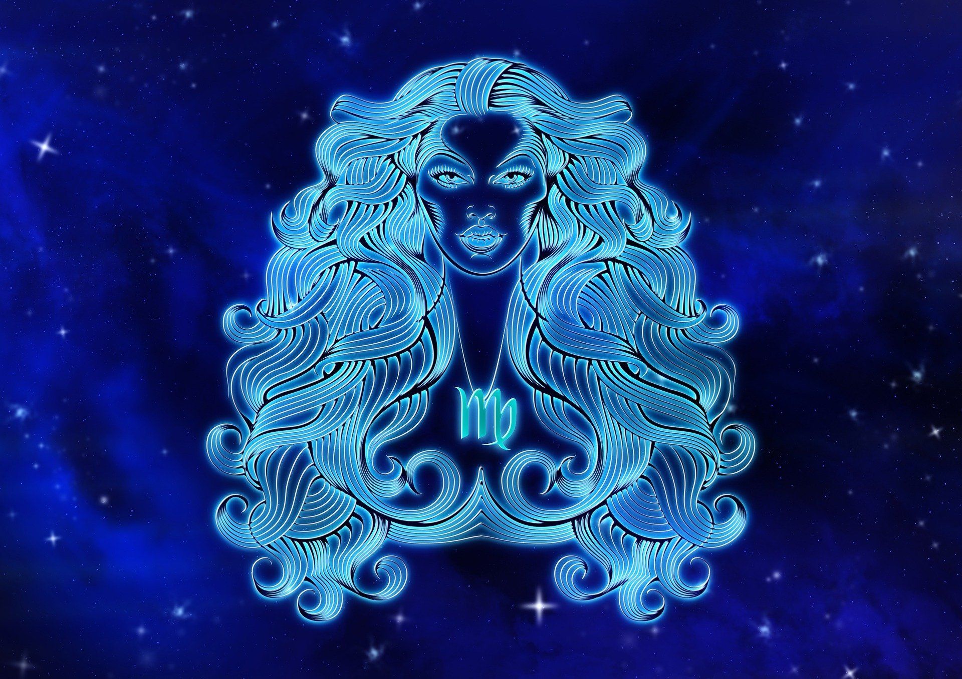 A graphic of a woman with long curly hair with the sign of Virgo over her head. - Virgo