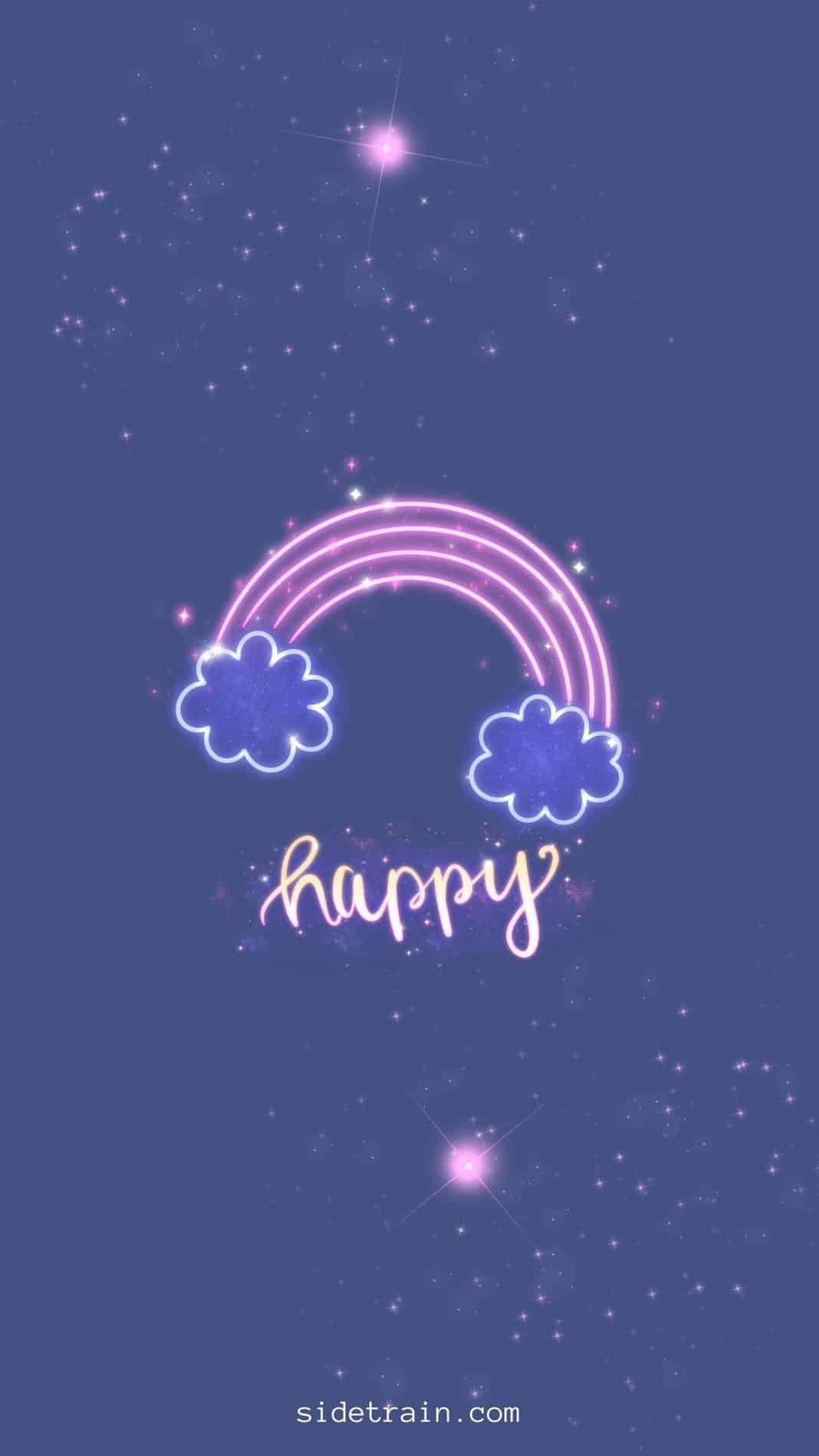 A rainbow and clouds with the word happy in pink - Aquarius