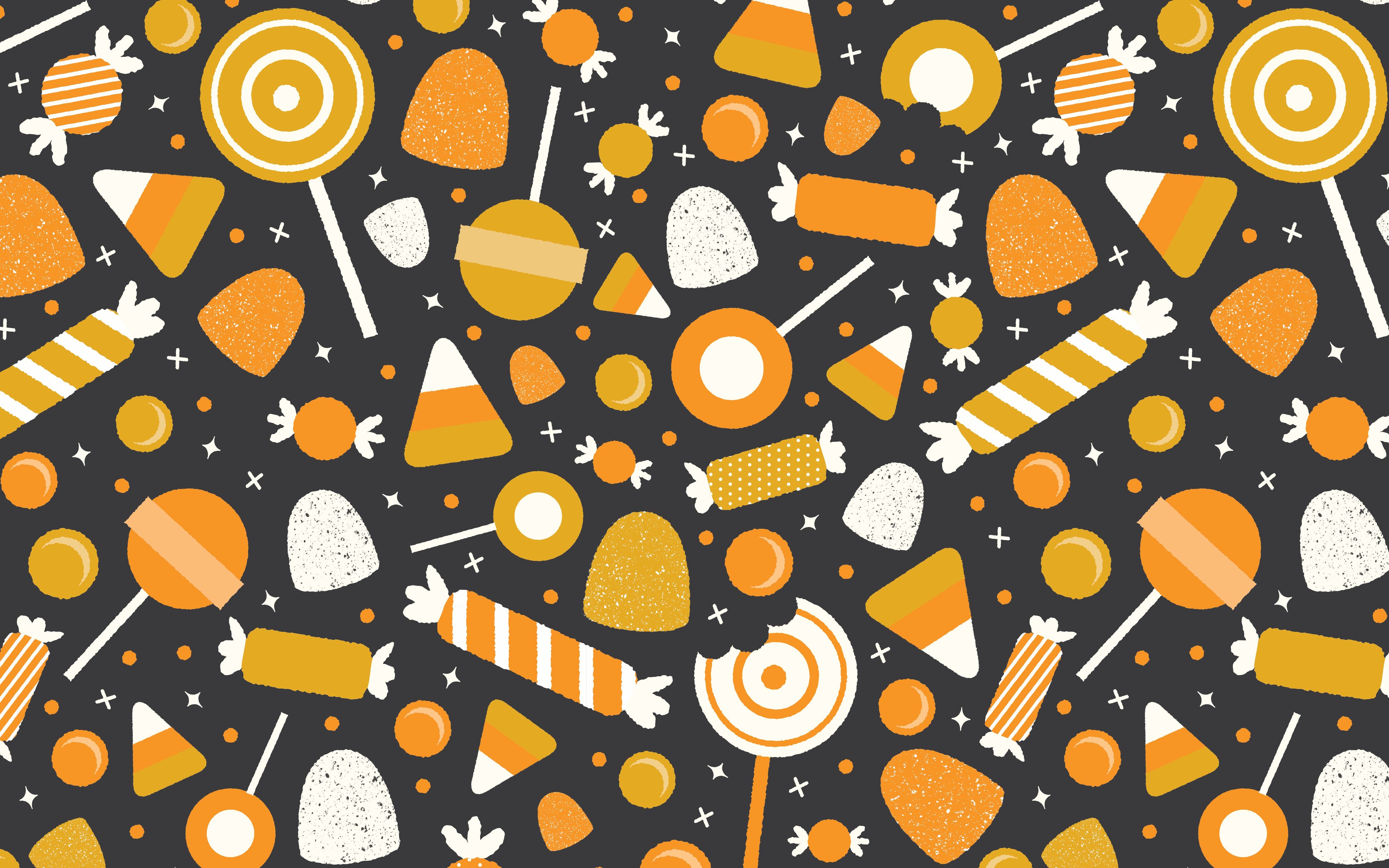 A pattern of candy and other items on black background - Halloween desktop, cute Halloween