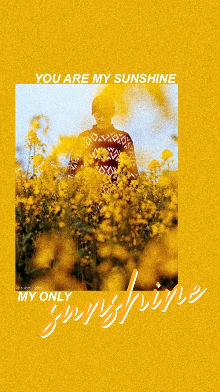Aesthetic wallpaper of a person standing in a field of yellow flowers with the words 