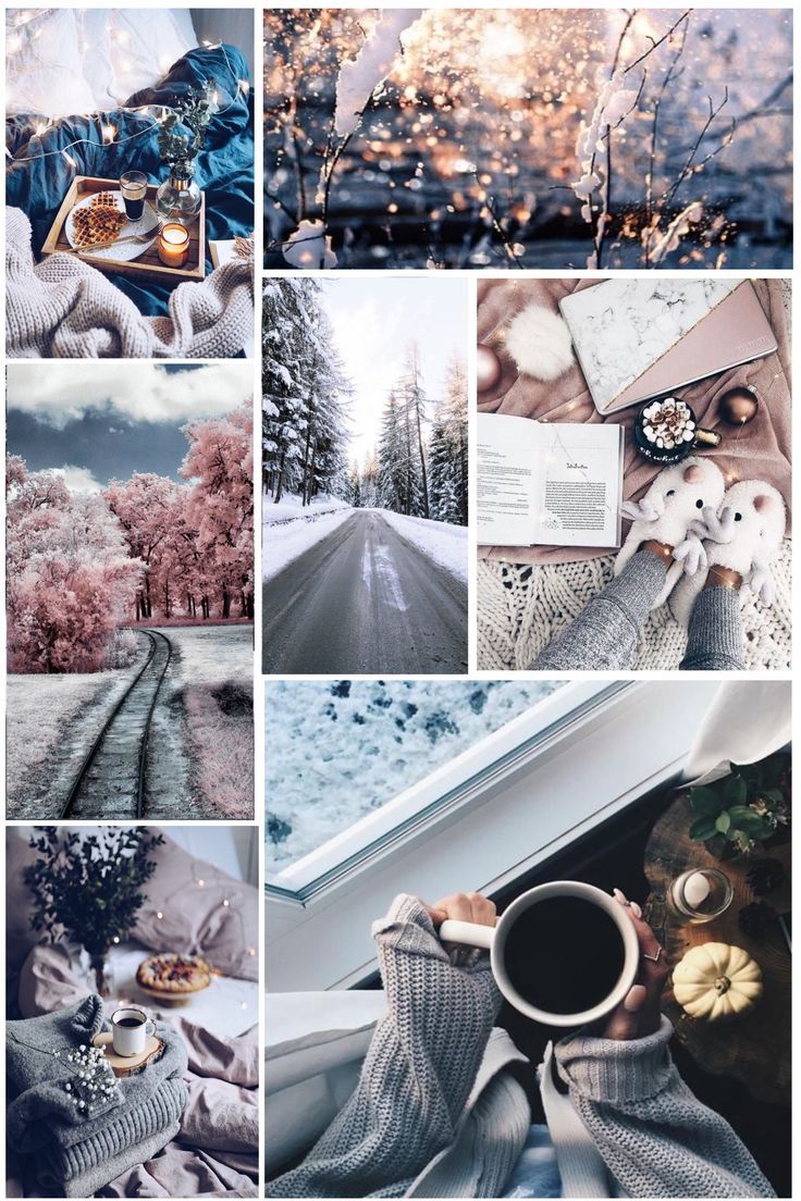 A collage of pictures with winter scenes and coffee - Winter, snow