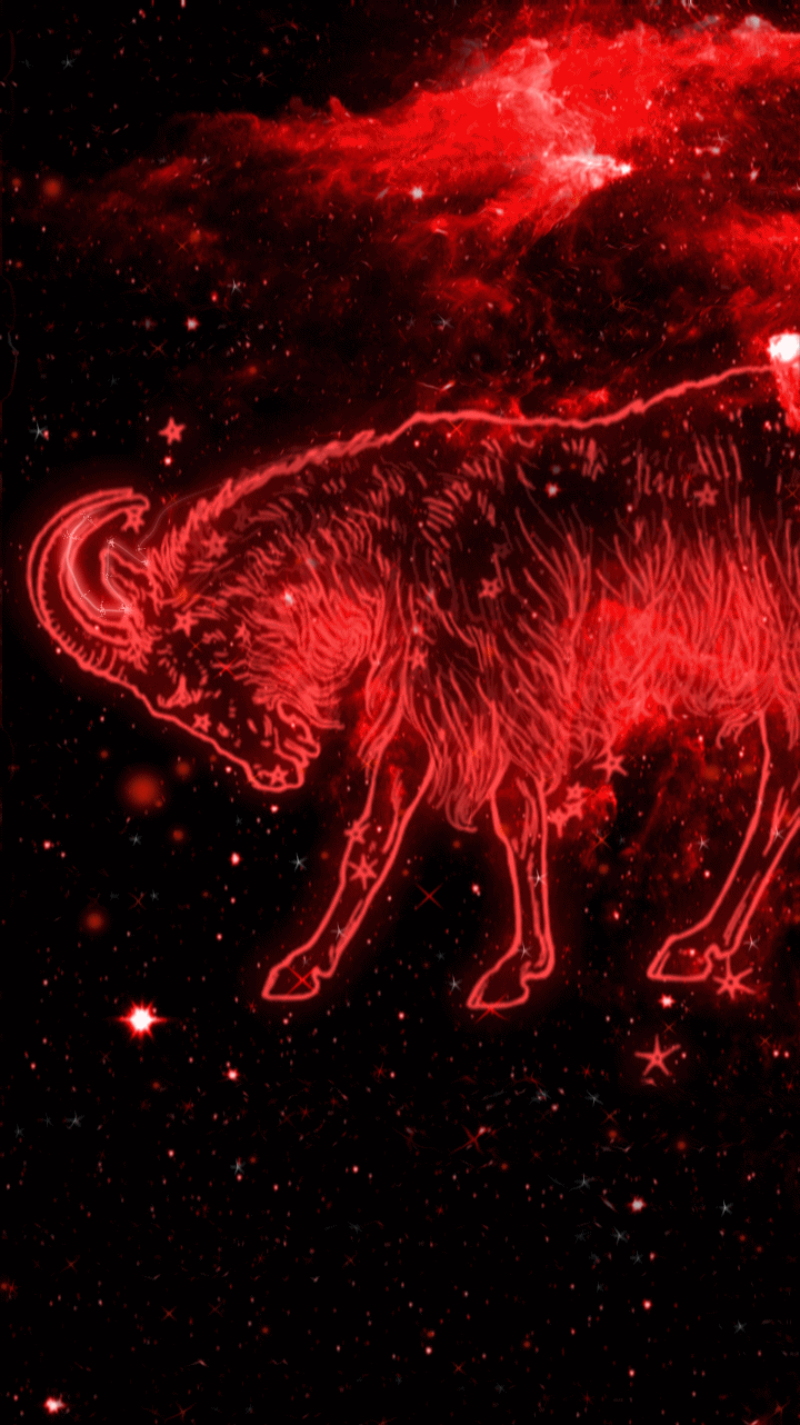 A red outline of a bull against a black background with stars - Capricorn