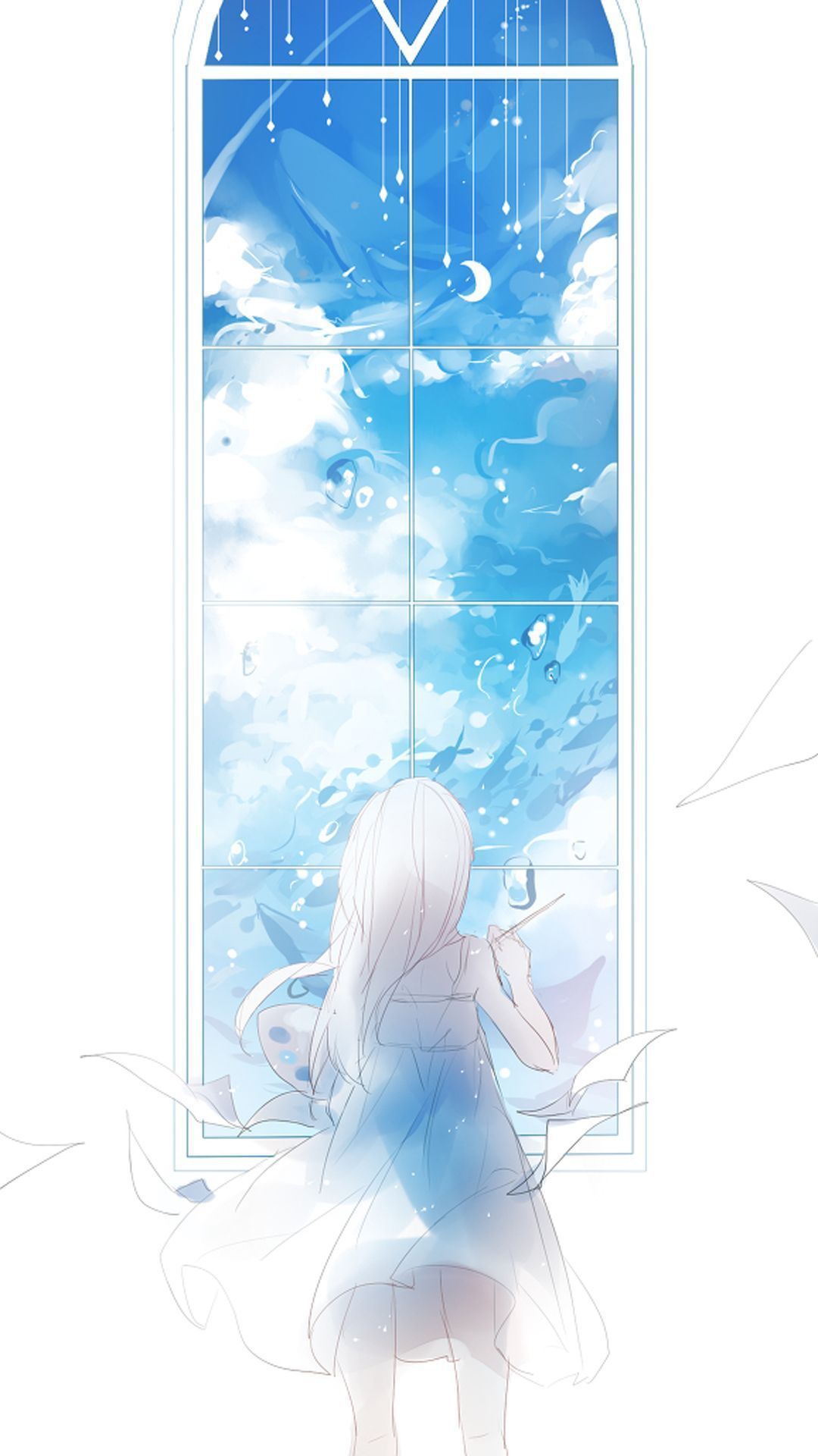 A girl looking out of an open window - Blue anime