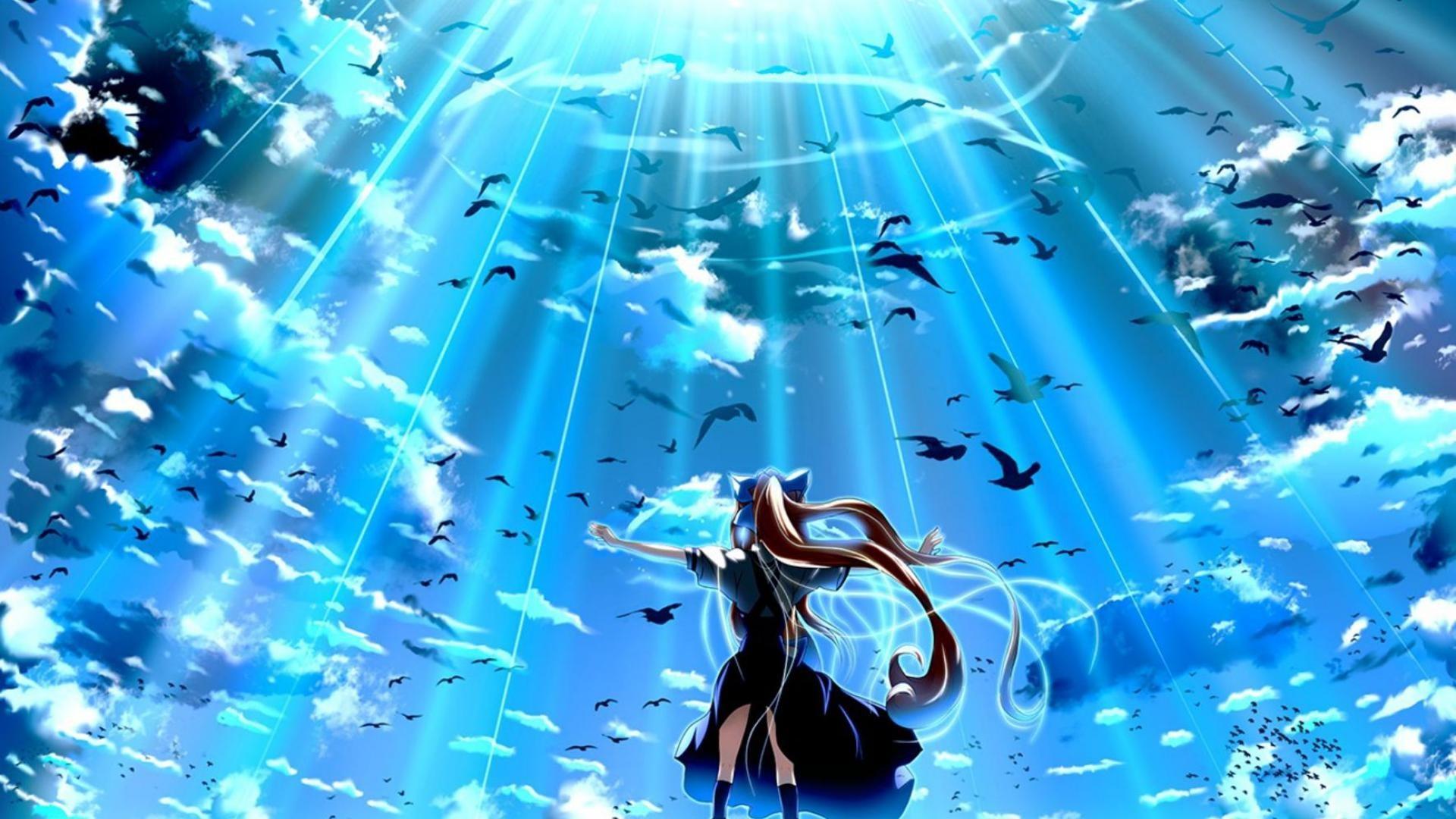 Anime girl in the sky surrounded by birds - Blue anime