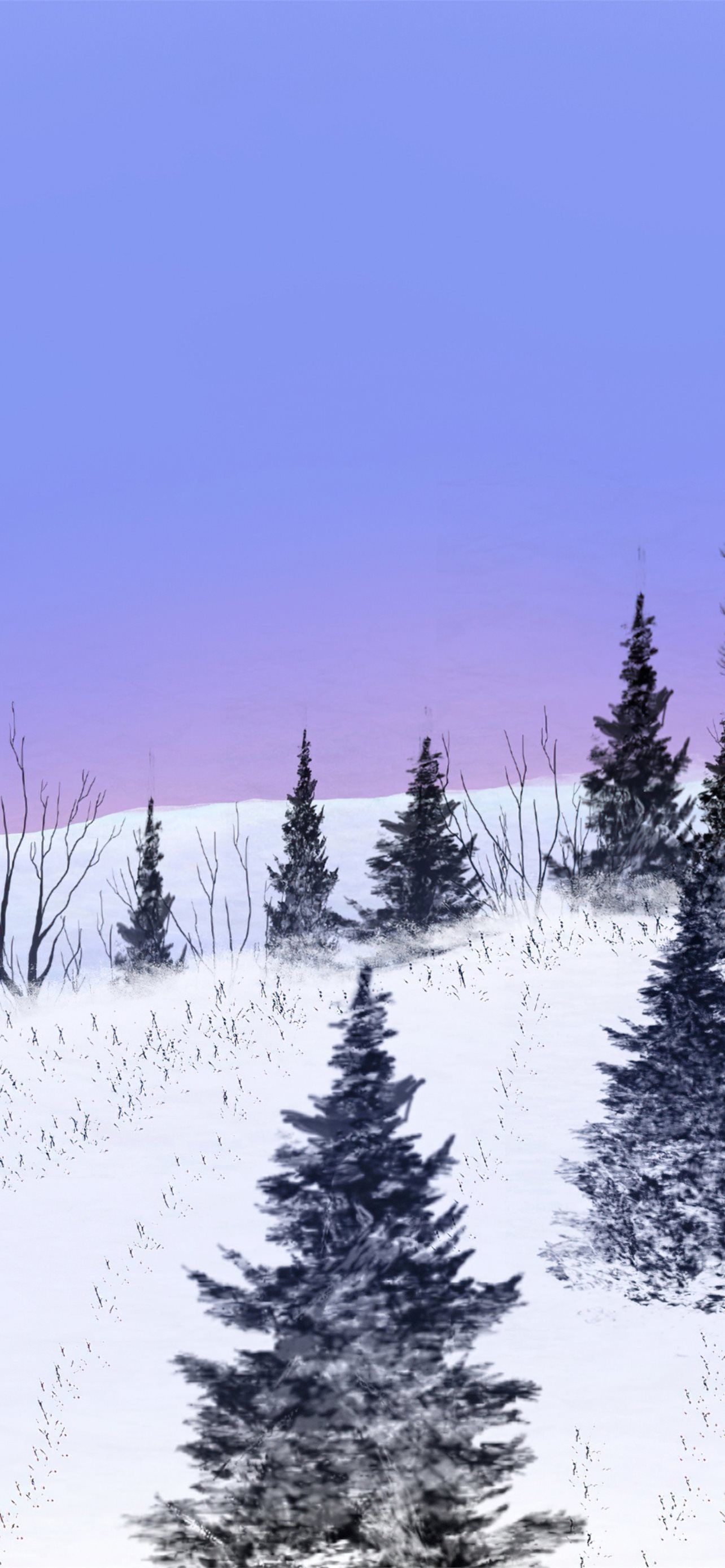 A snowy landscape with trees and a purple sky. - Winter