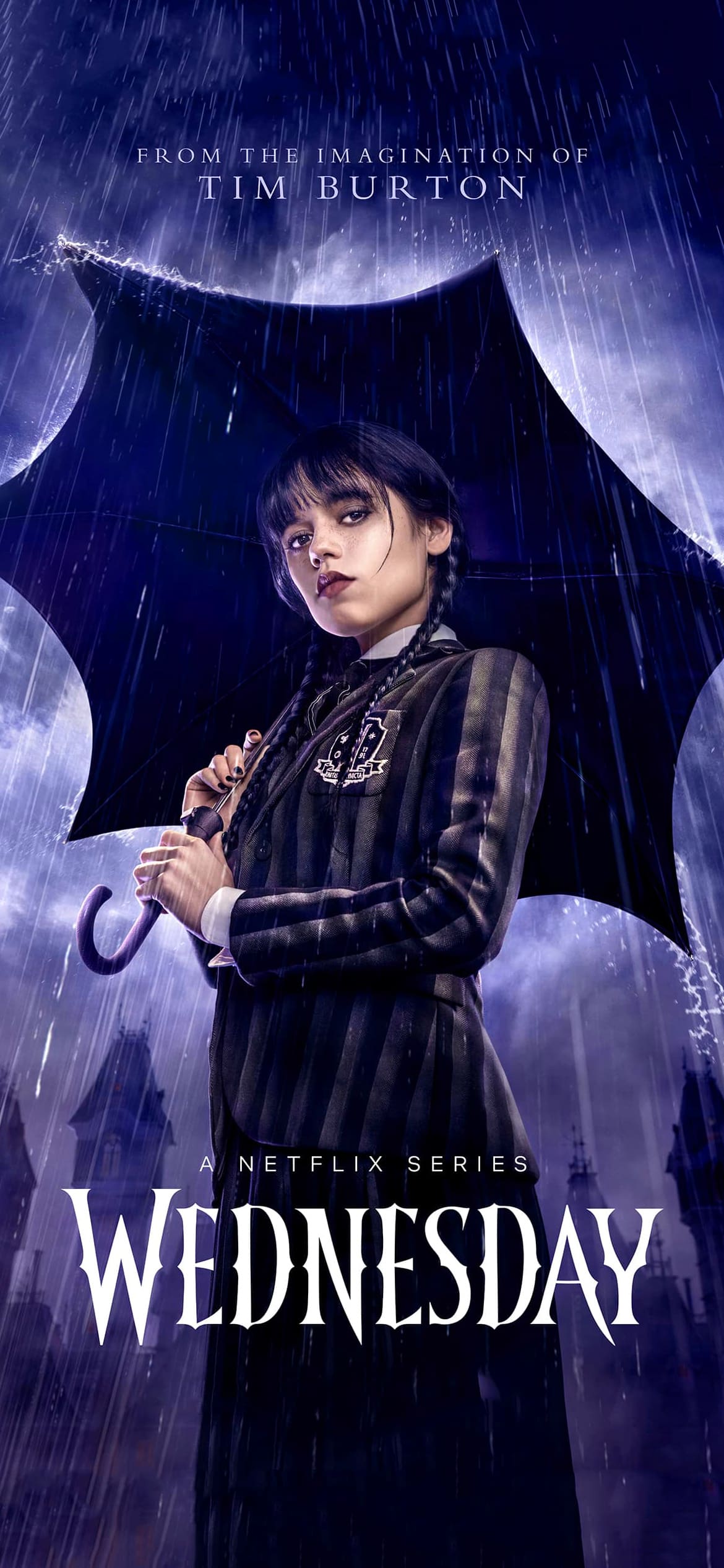 Wednesday promotional poster featuring Wednesday Addams holding an umbrella in the rain - Wednesday