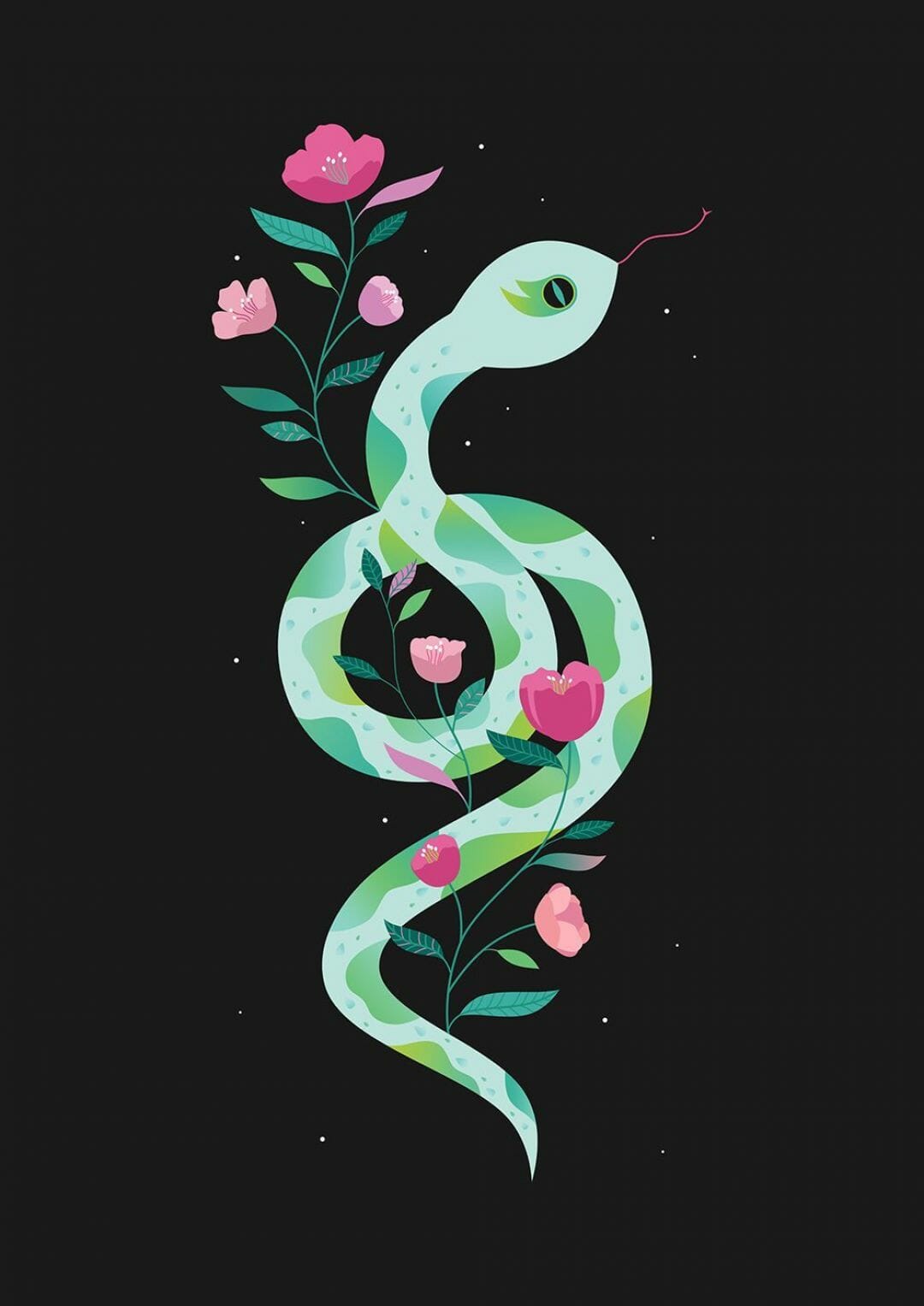A snake wrapped around a flower stem with pink flowers - Snake