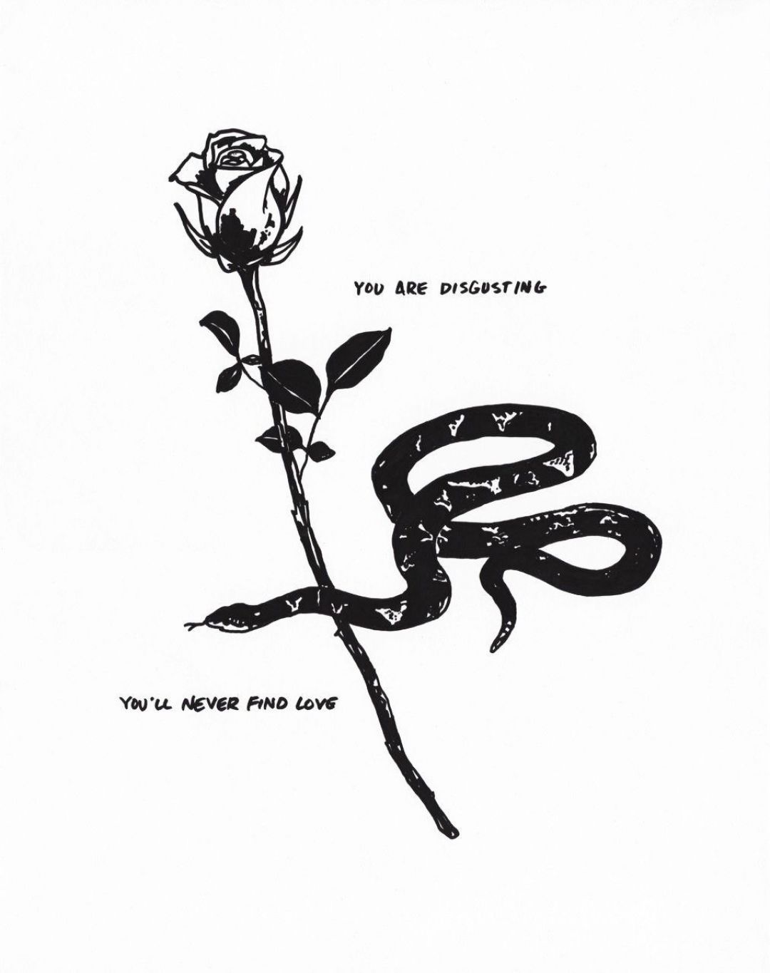 A black and white illustration of a snake slithering up a rose stem. - Snake