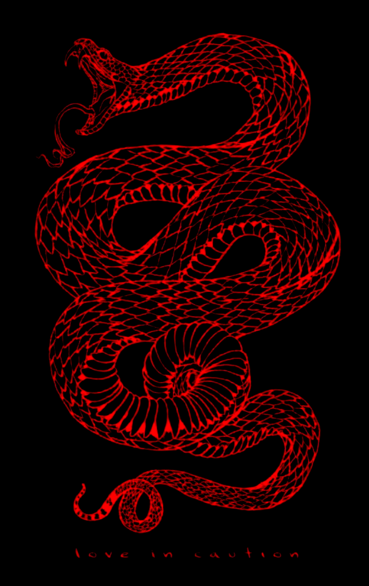 A red snake with black background and the words love in action - Snake