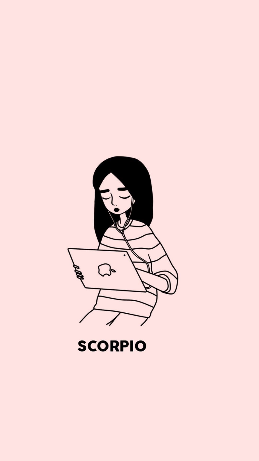 A woman sitting on her laptop with the word scorpio - Scorpio