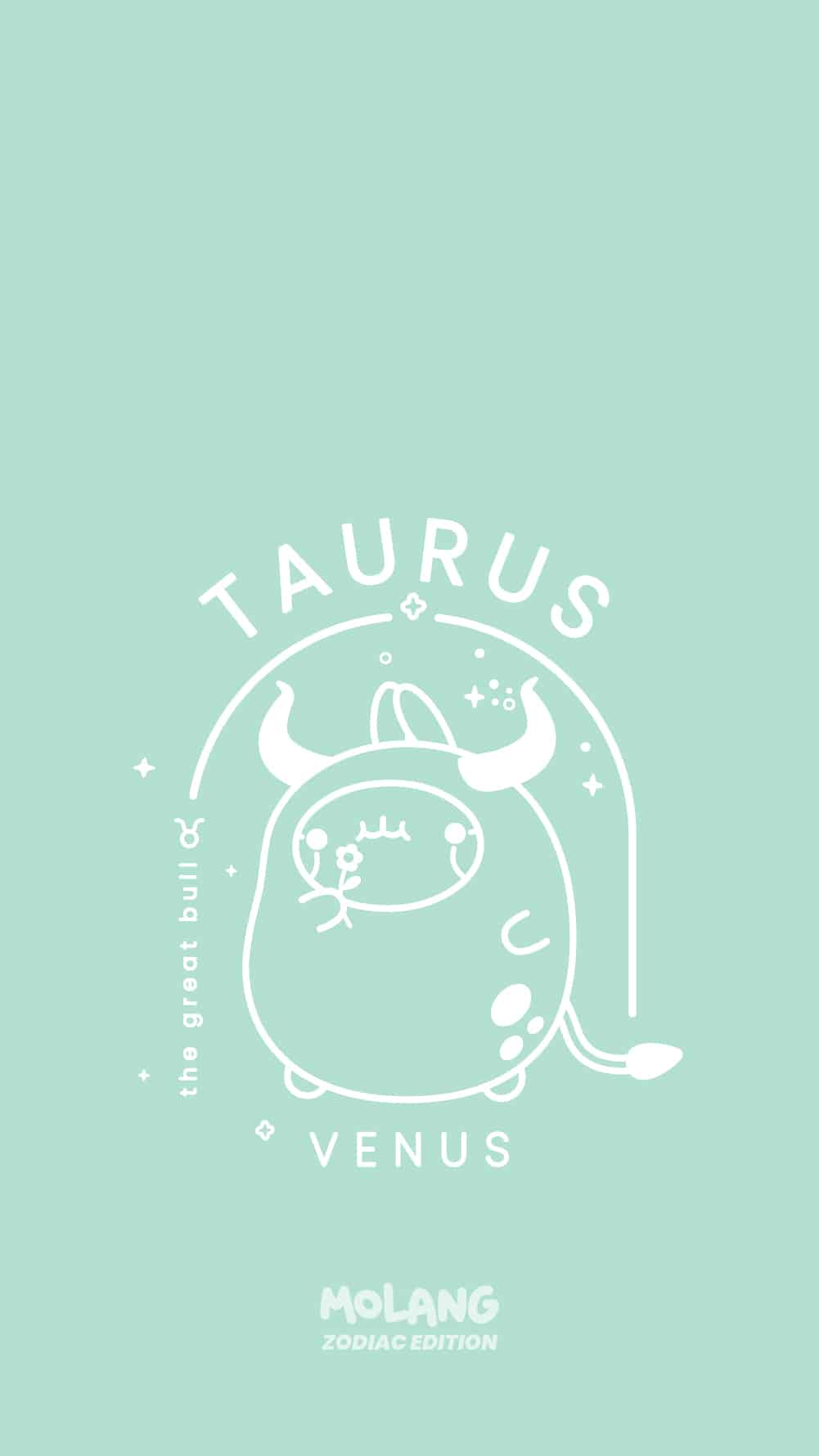 Taurus, the great bull, is a cute character in a white costume on a green background. - Taurus