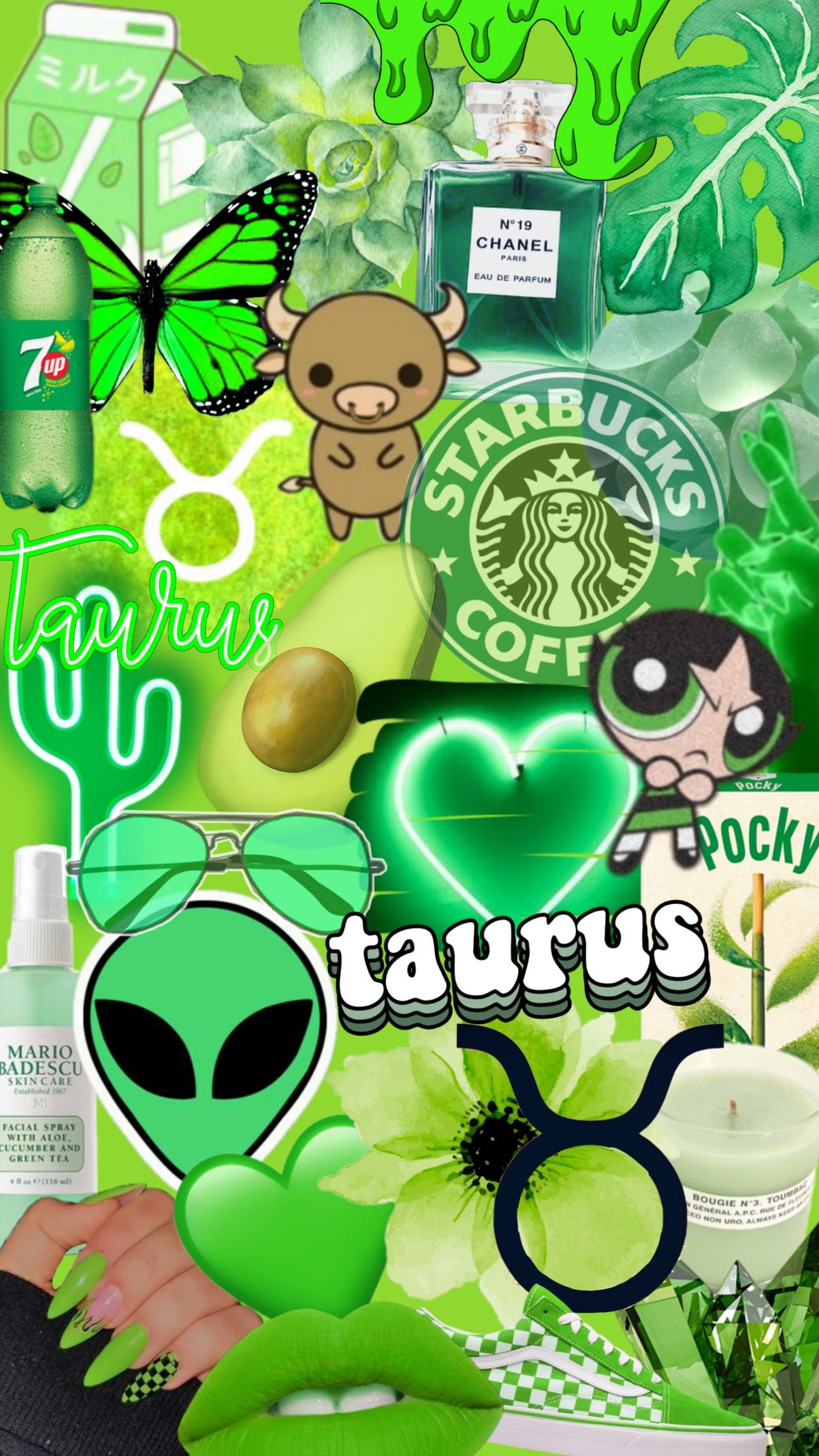 Aesthetic green background with a butterfly, Starbucks, and a zodiac sign - Taurus