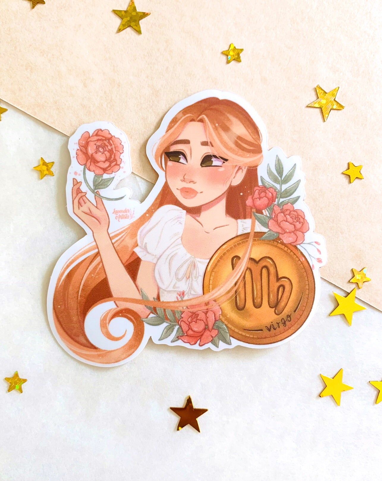 A sticker of a digital illustration of a girl with long red hair holding a coin with the astrological sign of Virgo on it. - Virgo, Rapunzel