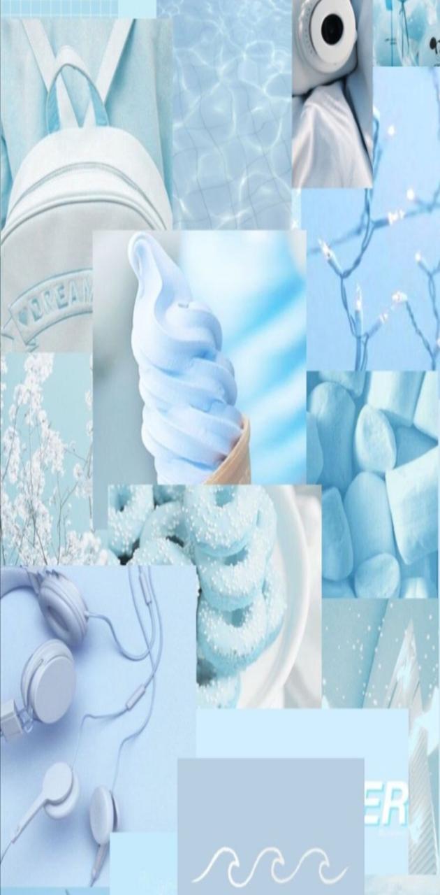 Aesthetic blue background with a collage of ice cream, trees, and headphones - Pastel blue, blue