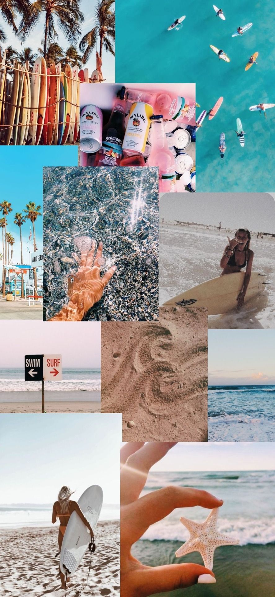 A collage of pictures with surfers and palm trees - Beach