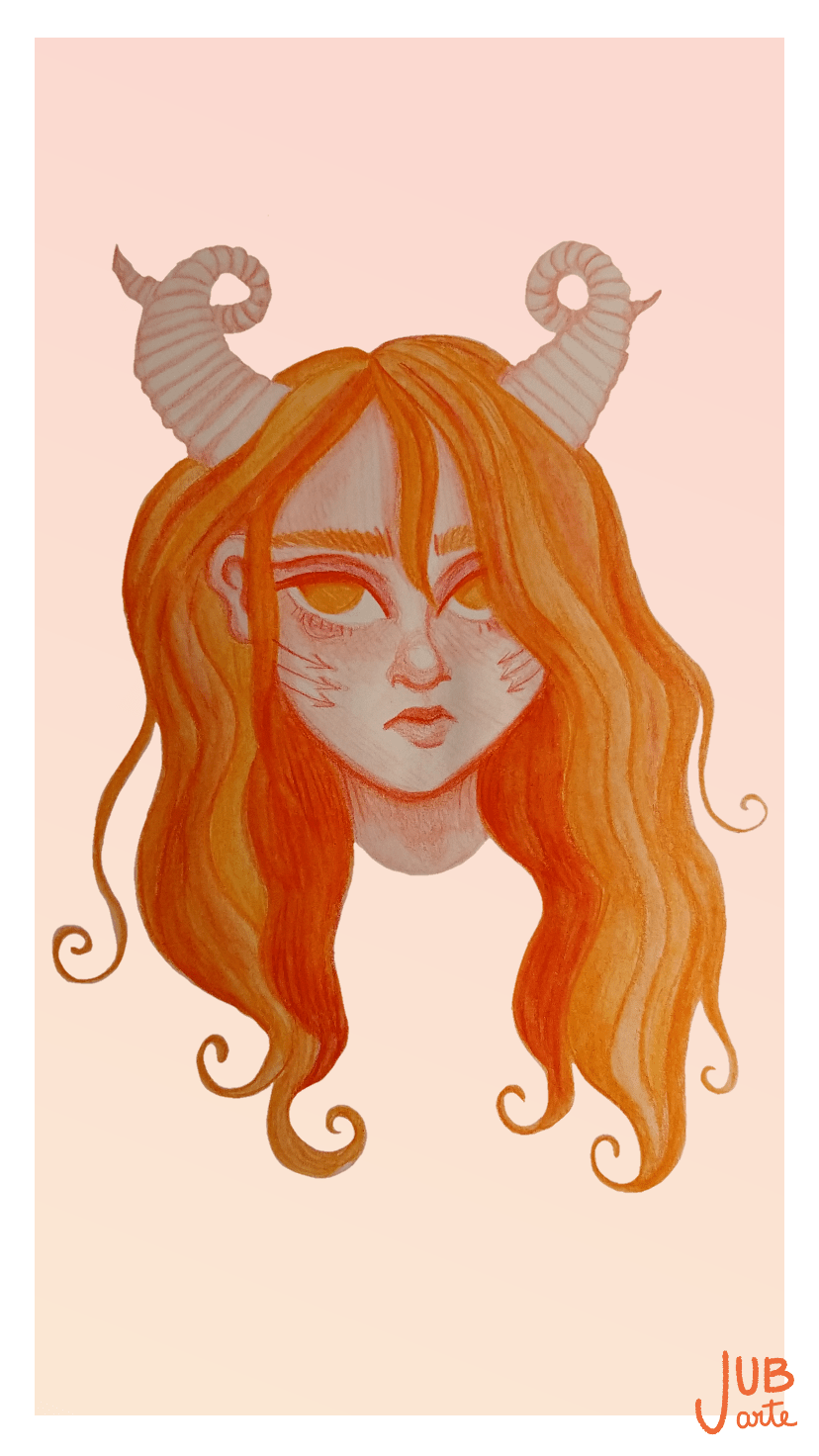 A woman with long, wavy orange hair and goat horns. - Aries