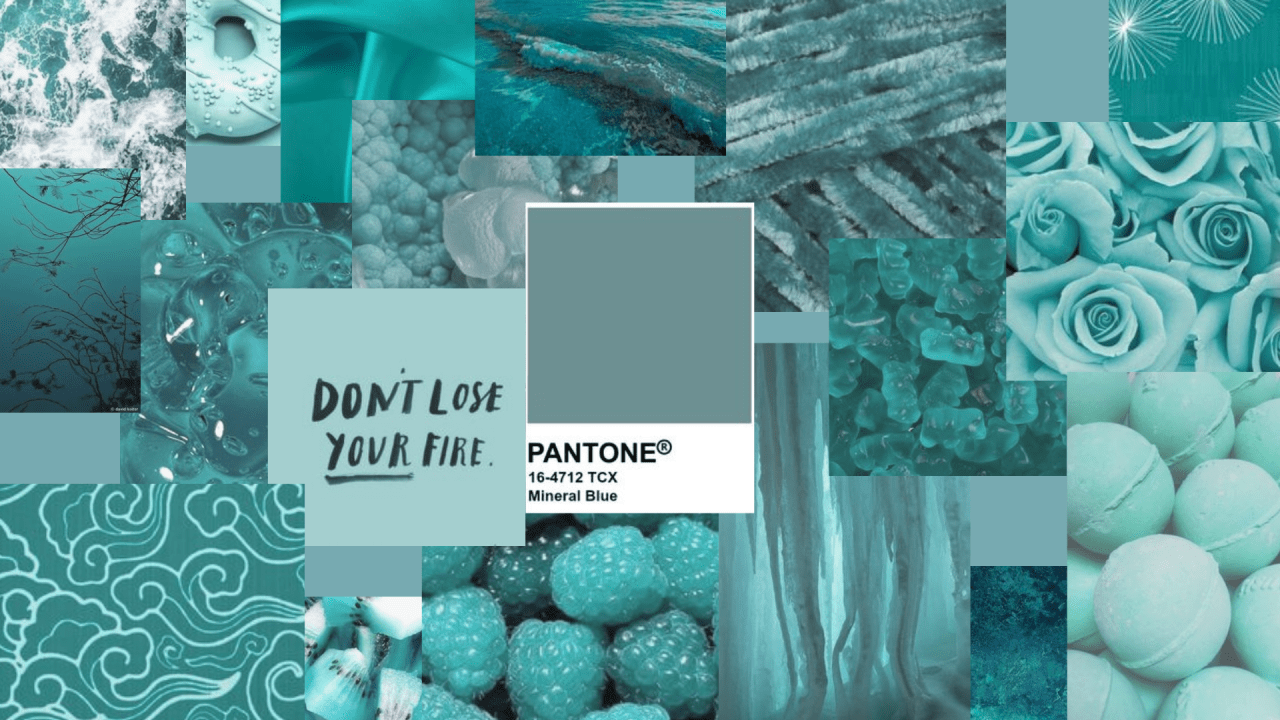A collage of images in the color teal, including flowers, macarons, and ice. - Laptop, turquoise, study