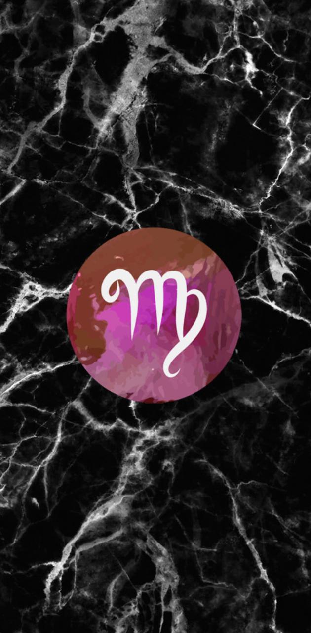 IPhone wallpaper with a marble background and a purple circle in the middle with the symbol for Virgo. - Virgo