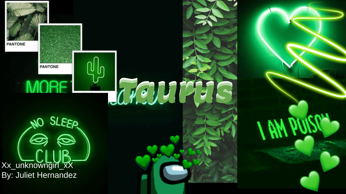 A collage of green aesthetic images including plants, hearts, and a cactus. - Taurus