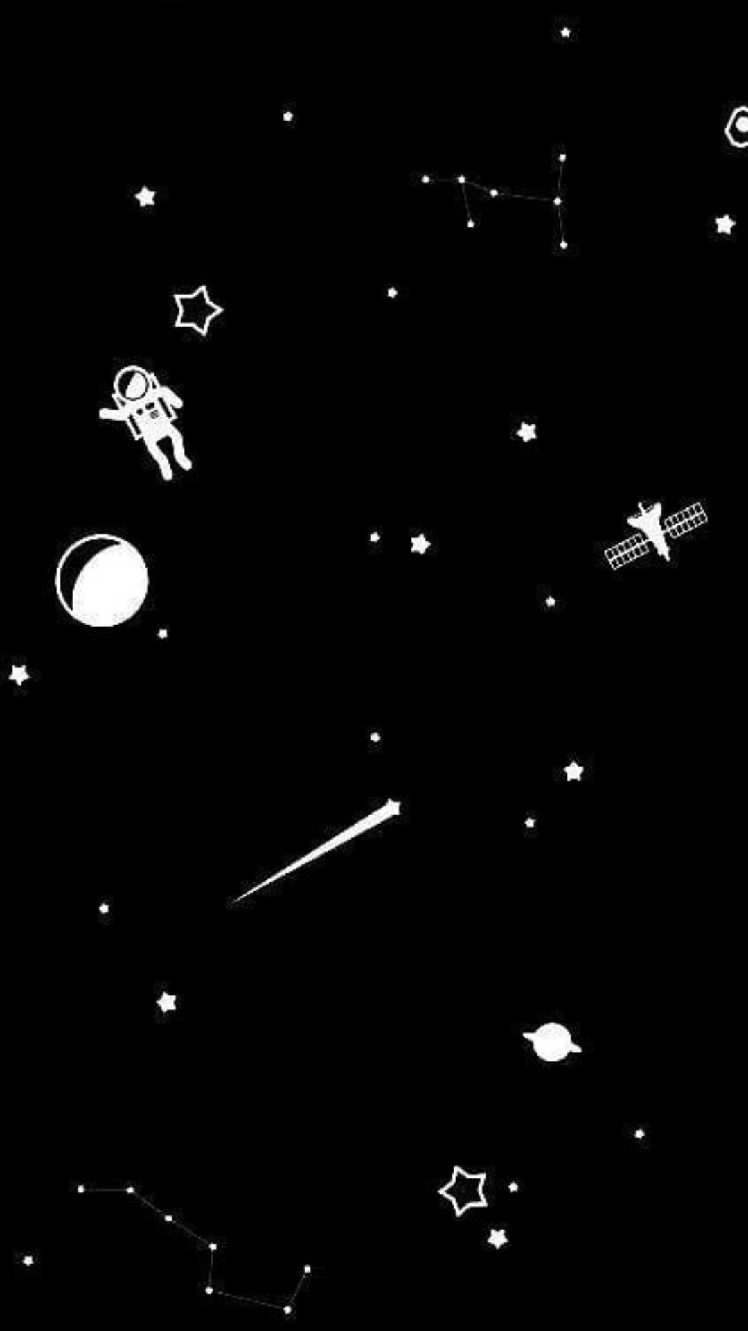 A black and white space scene with a rocket, astronaut, planets, shooting star, and stars. - Black, black rose, dark phone, black phone, simple, couple