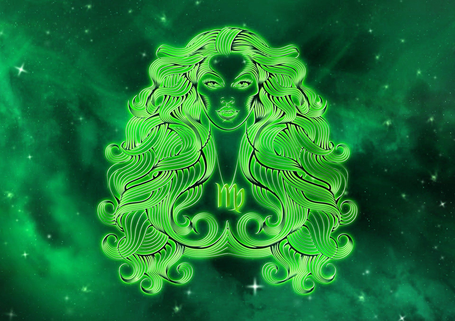 A graphic of a woman with long curly hair and a green background - Virgo